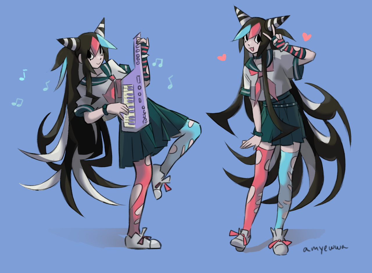 amela (shell0s), mioda ibuki, danganronpa (series), danganronpa 2: goodbye despair, commentary, english commentary, third-party source, 1girl, aqua hair, black hair, blue background, blue sailor collar, blue skirt, bracelet, closed mouth, collared shirt, elbow gloves, eyelashes, fingerless gloves, full body, gloves, hair horns, heart, instrument, jewelry, keytar, long hair, mismatched thighhighs, multicolored gloves, multicolored hair, multiple views, music, musical note, open mouth, pink hair, playing instrument, sailor collar, school uniform, serafuku, shirt, shoes, short sleeves, simple background, single elbow glove, single fingerless glove, skirt, smile, standing, standing on one leg, striped clothes, striped gloves, thighhighs, torn clothes, torn thighhighs, two-tone gloves, v, very long hair, white hair, white shirt, white shoes