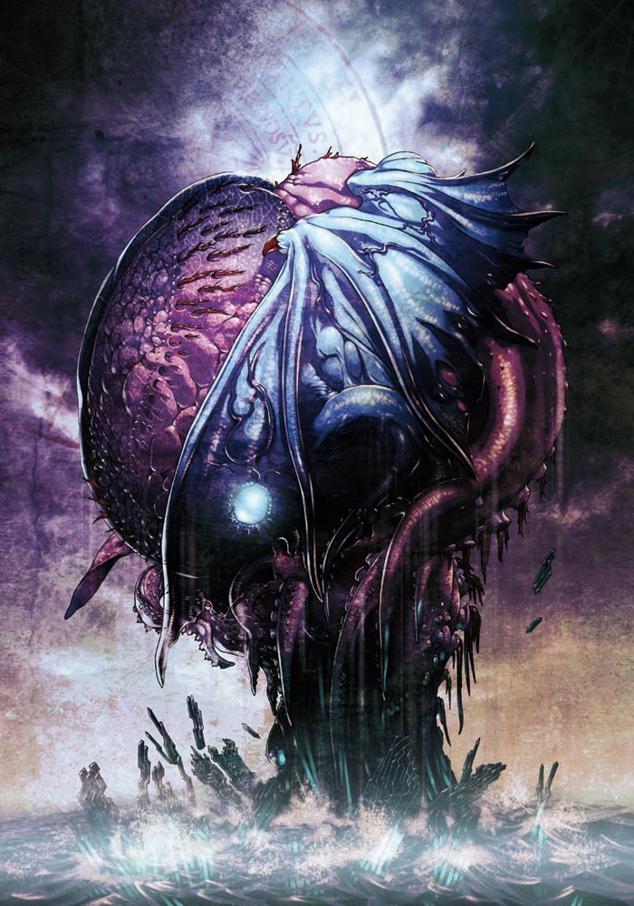 cotetsu (pixiv227168), yamanaka kotetsu, cthulhu, cthulhu mythos, creature, dark, eldritch abomination, giant, glowing, magic circle, monster, no humans, ocean, outdoors, sky, splashing, storm, tentacles, veins, water, wings