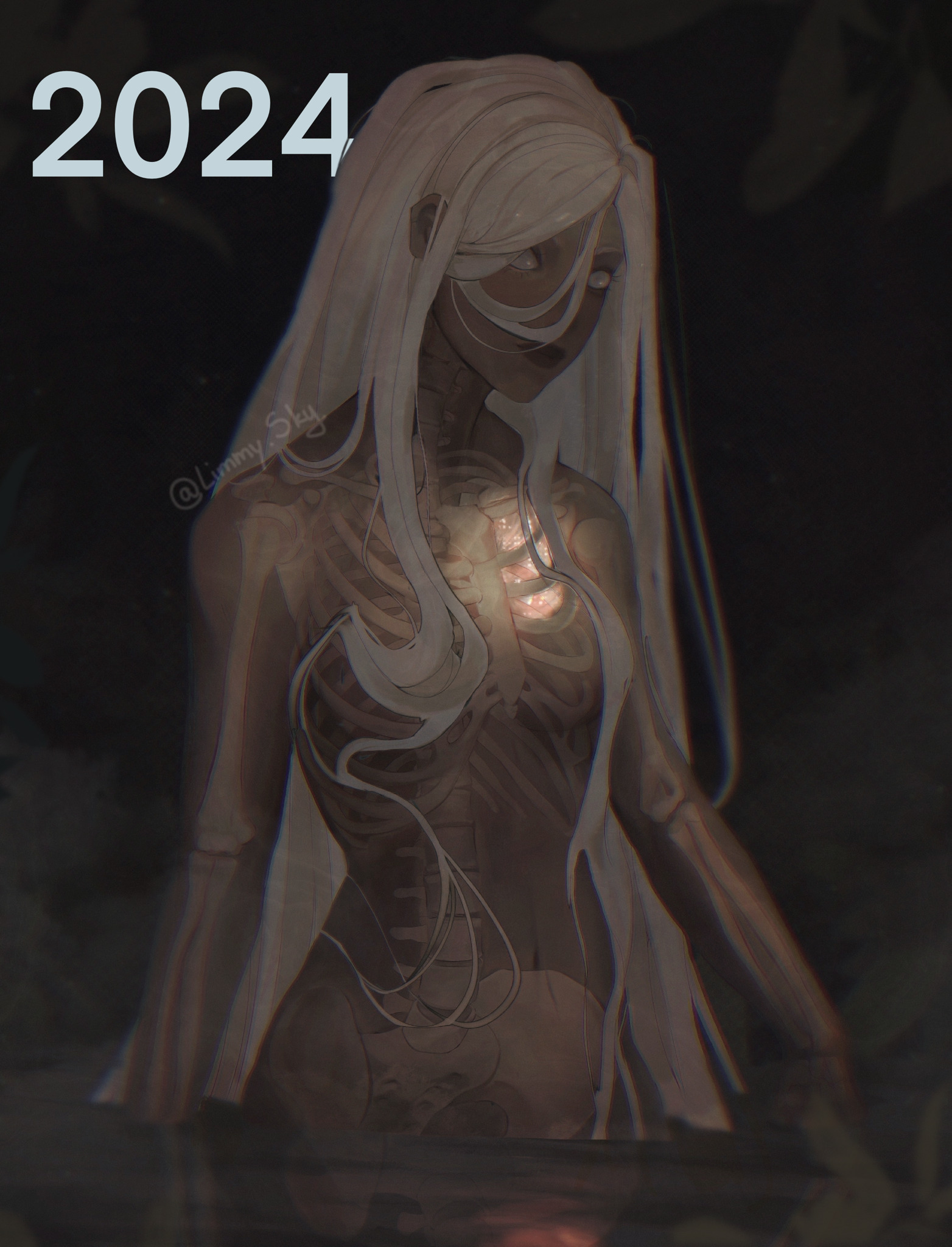 limmysky, original, commentary, english commentary, highres, redrawn, 1girl, 2024, arms at sides, black background, blurry, chromatic aberration, closed mouth, collarbone, cowboy shot, dark-skinned female, dark skin, depth of field, double-parted bangs, film grain, from side, glowing, grey eyes, hair between eyes, instagram username, lips, long hair, long hair between eyes, long sidelocks, looking at viewer, nude, pelvis, ribs, see-through body, sidelocks, sideways glance, simple background, skeleton, solo, spinal cord, standing, straight hair, very long hair, wading, water, white hair