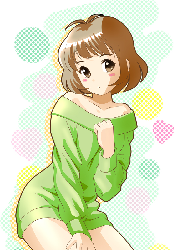 ponnetsu, akizuki ryo, idolmaster, idolmaster dearly stars, 00s, 1boy, antenna hair, bare shoulders, blush, brown eyes, brown hair, crossdressing, crossdressing (mtf), green shirt, male focus, shirt, solo, sweater, trap