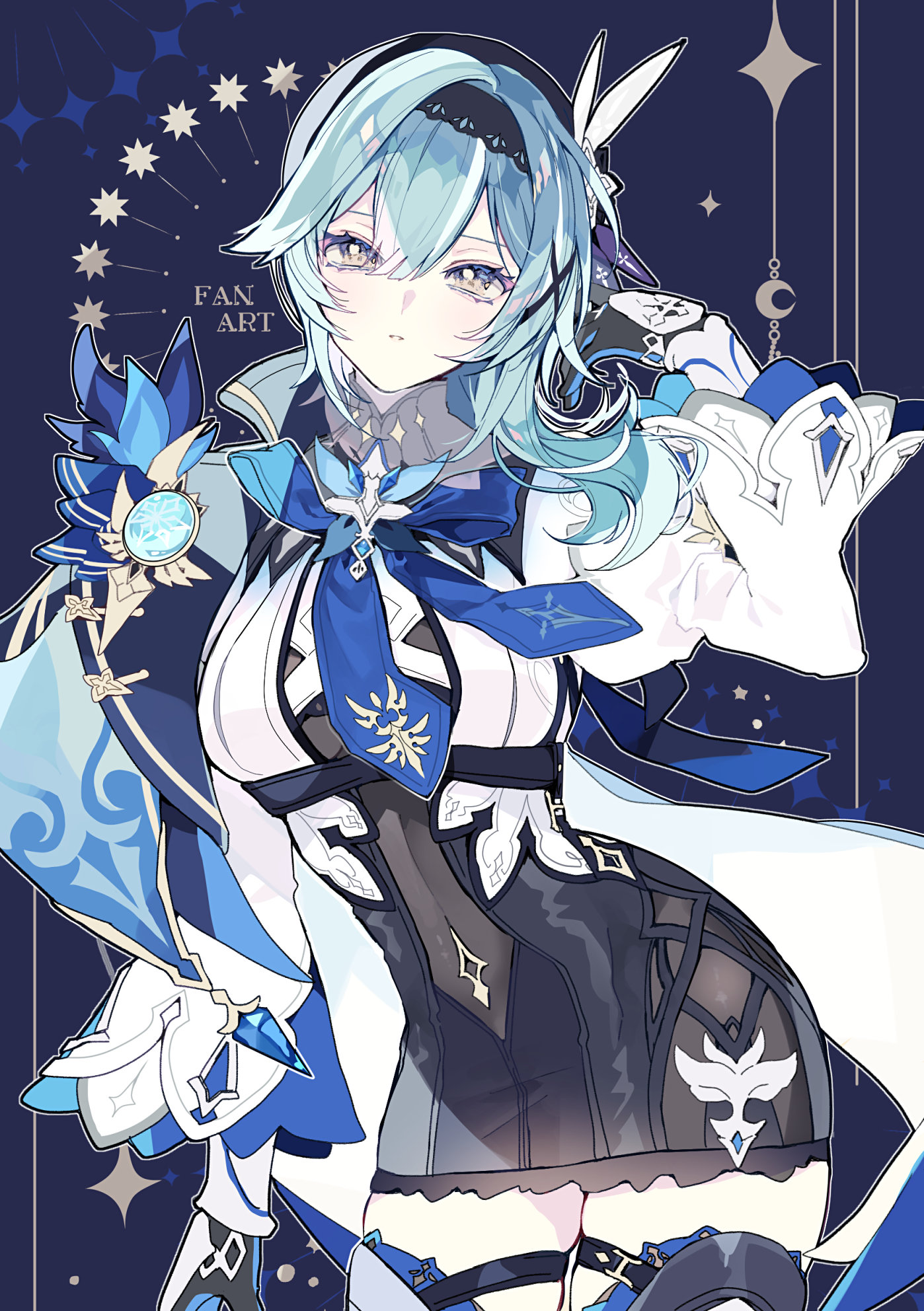 karaage ha 315, eula (genshin impact), genshin impact, commentary request, highres, 1girl, adapted costume, black gloves, black hairband, black outline, black skirt, blue background, blue cape, blue hair, blue necktie, breasts, cape, chest harness, cowboy shot, gloves, hair ornament, hairband, hand up, harness, high-waist skirt, juliet sleeves, large breasts, long sleeves, looking at viewer, medium hair, necktie, outline, parted lips, puffy sleeves, side cape, skirt, solo, vision (genshin impact), white sleeves, wide sleeves