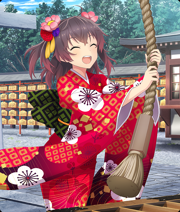 asakura mihono, toji no miko, toji no miko: kizamishi issen no tomoshibi, game cg, official art, third-party source, 1girl, ahoge, architecture, blue sky, box, brown hair, closed eyes, cloud, donation box, dot nose, double-parted bangs, east asian architecture, ema, floral print, floral print kimono, flower, furisode, green sash, hair flower, hair ornament, japanese clothes, kimono, medium hair, new year, obi, open mouth, pink flower, print kimono, print sash, pulling, purple flower, red flower, red hair, red kimono, rope, sash, shrine, sky, smile, solo, stone walkway, teeth, tree, twintails, upper teeth only, wide sleeves