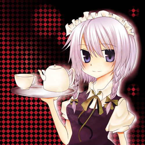 nayuta (artist), nayuta (scarlet-noize), izayoi sakuya, touhou, silver hair, bad id, bad pixiv id, lowres, 1girl, blue eyes, braid, cup, female focus, maid, short hair, solo, teacup, teapot, tray, twin braids