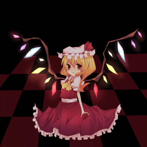nayuta (artist), nayuta (scarlet-noize), flandre scarlet, touhou, bad id, bad pixiv id, lowres, 1girl, ascot, blonde hair, checkered floor, female focus, hat, mob cap, red eyes, solo, white hat, wings, yellow ascot