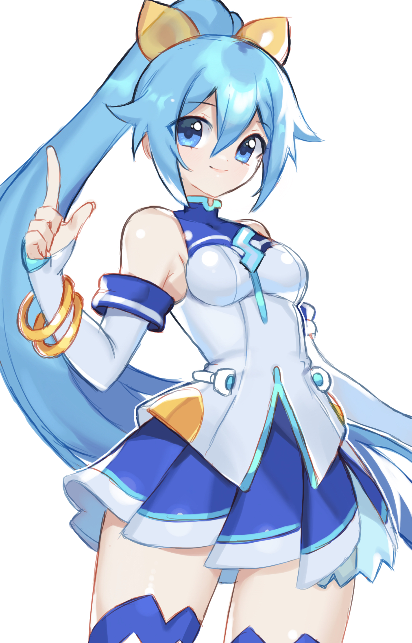 suuuuica, sega hatsumi, choujigen game neptune, neptune (series), sega, sonic (series), 1girl, bare shoulders, blue eyes, blue hair, bracelet, detached sleeves, dress, jewelry, long hair, pointing, pointing up, ponytail, ring, skirt, smile, white background