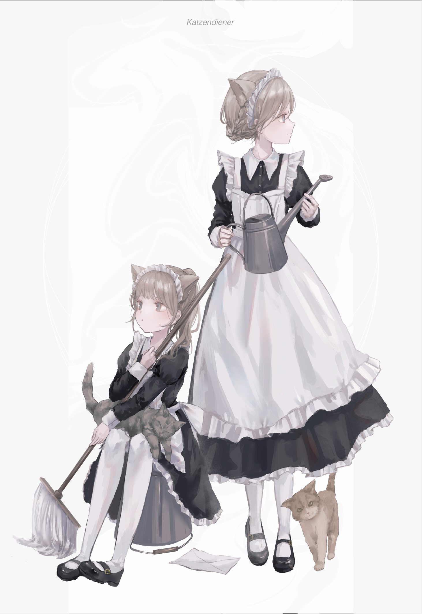 sanou, original, commentary, highres, 2girls, animal, animal ears, animal on lap, apron, black dress, black shoes, blonde hair, brown hair, cat, cat ears, cat girl, cat on lap, closed mouth, collared dress, contrast collar, dress, folded braid, frilled apron, frilled dress, frills, german text, grey eyes, hand up, hands up, holding, holding mop, holding watering can, juliet sleeves, long sleeves, looking ahead, looking up, maid, maid apron, maid headdress, mary janes, medium hair, mop, multiple cats, multiple girls, on bucket, on lap, pantyhose, parted lips, ponytail, profile, puffy sleeves, shoes, short hair, simple background, sitting, smile, watering can, white apron, white background, white headdress, white pantyhose, wrist cuffs