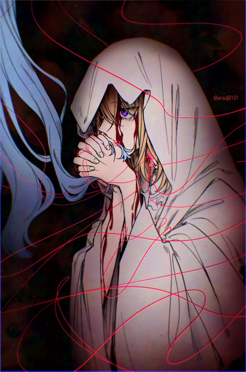 bak pep, misumi uika, togawa sakiko, bang dream!, bang dream! it's mygo!!!!!, commentary, highres, 2girls, blood, blood on face, blood on hands, holding another's hair, indoors, long hair, multiple girls, own hands clasped, own hands together, purple eyes, string, string of fate, veil, white veil, yuri