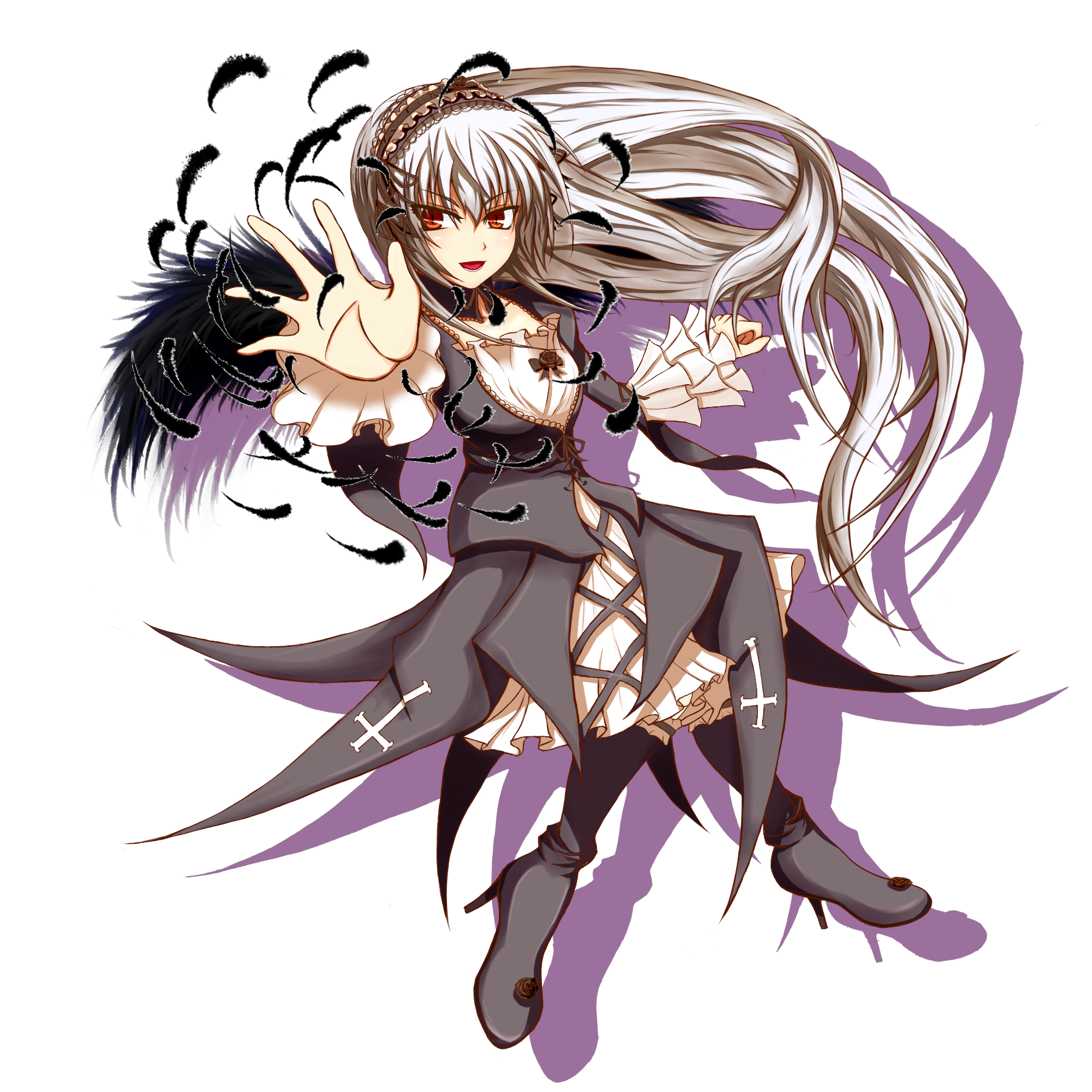 astn, asuto3, suigintou, rozen maiden, silver hair, highres, 00s, 1girl, cross, dress, feathers, female focus, flower, hairband, long hair, red eyes, simple background, solo, transparent background, very long hair, wings
