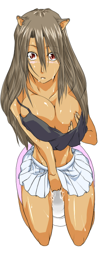 ksaiki, original, bad id, bad pixiv id, 1girl, animal ears, blush, breasts, cleavage, dark-skinned female, dark skin, female focus, female masturbation, fingering, grabbing another's breast, grabbing own breast, groping, large breasts, masturbation, pussy juice, red eyes, skirt, solo, surprised