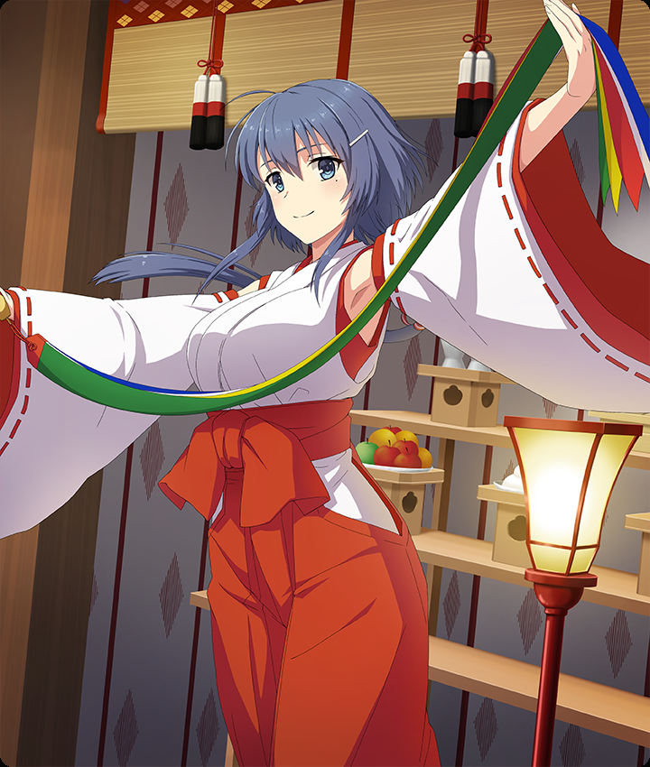 setouchi chie, toji no miko, toji no miko: kizamishi issen no tomoshibi, game cg, object request, official art, third-party source, 1girl, apple, arm up, armpits, blue eyes, blue hair, breasts, closed mouth, cowboy shot, detached sleeves, food, fruit, hair ornament, hairclip, hakama, holding, japanese clothes, kagami mochi, kosode, large breasts, long hair, looking at viewer, mole, mole under eye, nontraditional miko, outstretched arms, red hakama, sidelocks, sleeveless, smile, solo, white sleeves