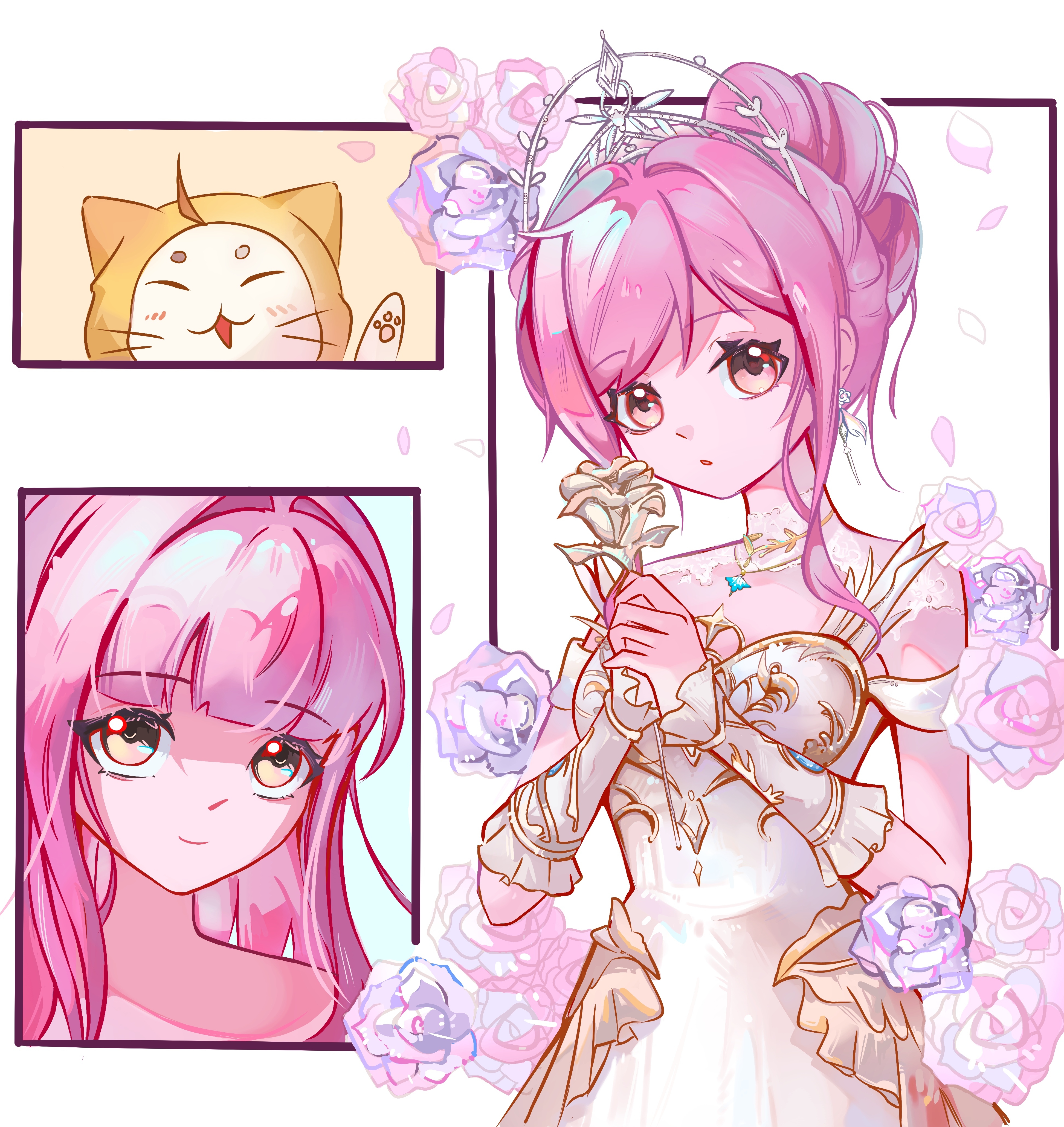 melody bloom (infinity nikki), momo (nikki), nikki (nikki), infinity nikki, nikki (series), absurdres, chinese commentary, commentary request, highres, 1girl, :o, ^ ^, ahoge, animal, armor, breastplate, brown eyes, cat, closed eyes, closed mouth, clothed animal, collar, cowboy shot, detached collar, dot nose, dress, ear covers, earrings, expressionless, eyelashes, feather-trimmed dress, feather earrings, feathers, flower, frilled arm warmers, frilled dress, frills, hair bun, hair intakes, hand up, happy, high collar, holding, holding flower, hood, hood up, jewelry, lace collar, light blush, long hair, multiple views, off-shoulder dress, off shoulder, outside border, parted lips, pawpads, petals, pink flower, pink hair, pink rose, portrait, purple flower, purple rose, rose, rose petals, see-through collar, short hair with long locks, short sleeves, sidelocks, single hair bun, standing, tiara, updo, wavy hair, whiskers, white arm warmers, white background, white cat, white collar, white dress, yellow flower, yellow hood, yellow rose, zhaoxuemumei