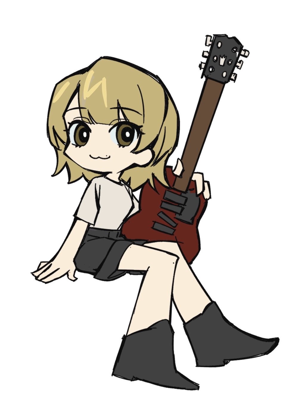 real life, commentary, hashtag-only commentary, highres, 1girl, :3, black shorts, blonde hair, brown eyes, chibi, electric guitar, guitar, instrument, mole, mole above mouth, sasaki rico (voice actor), short hair, shorts, simple background, solo, voice actor, white background, xinyi6239222644
