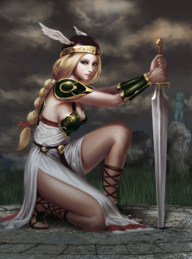 noba, krino sandra, valkyrie (vnd), namco, valkyrie no densetsu, 1girl, ankle lace-up, armor, armored dress, blonde hair, braid, breasts, dress, feet, gladiator sandals, green eyes, head wings, helmet, kneeling, on one knee, polearm, sandals, sideboob, spear, sword, trident, valkyrie, valkyrie no bouken, weapon, winged helmet, wings