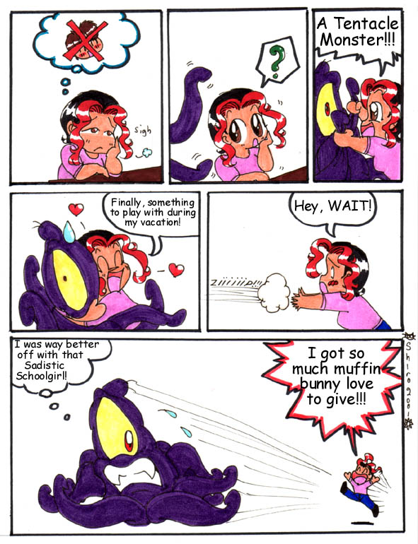 black hair, brown eyes, chibi, comic, heart, hug, multicolored hair, scared, streaked hair, sweat, tentacle monster, tentacles, what