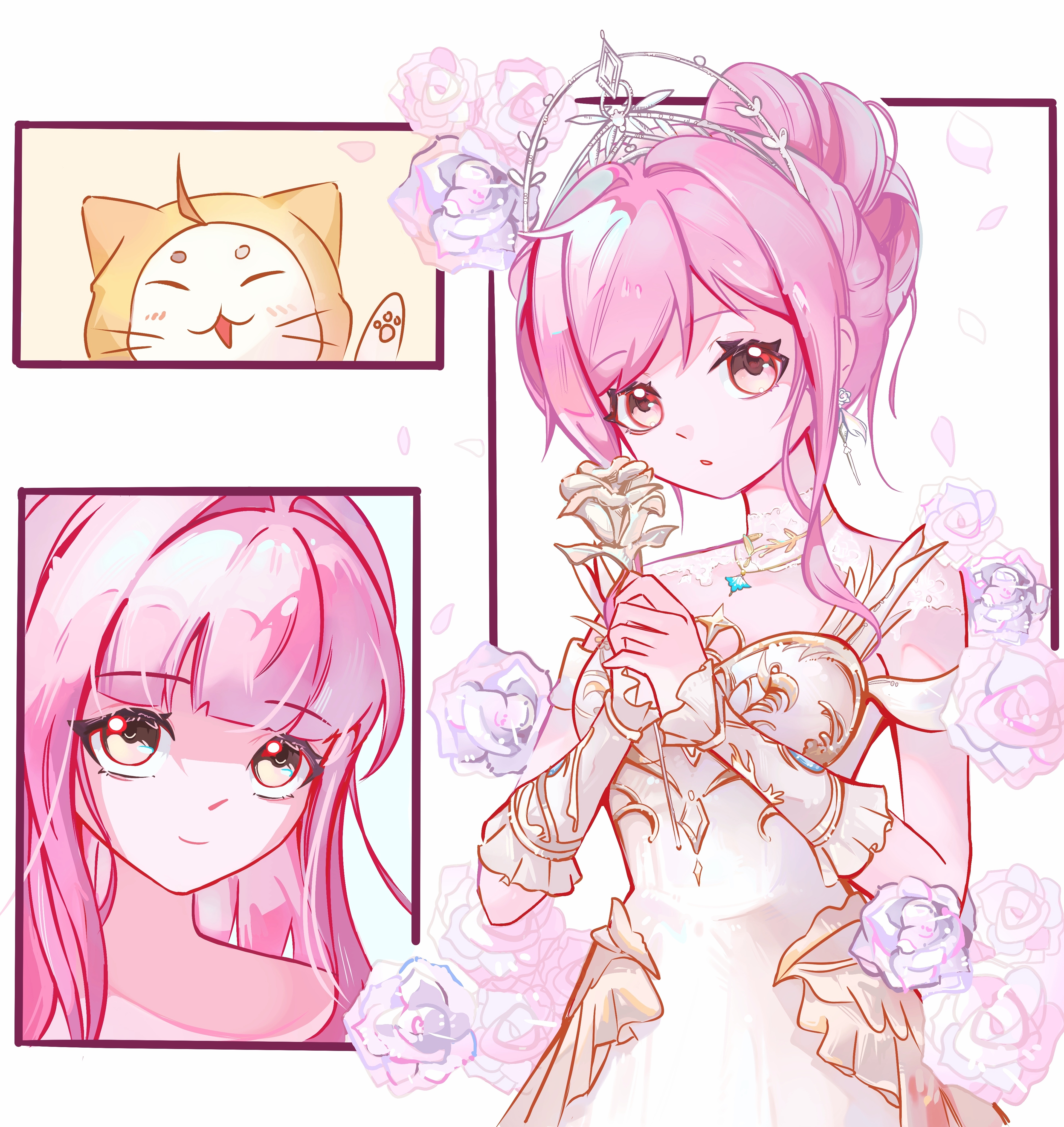 melody bloom (infinity nikki), momo (nikki), nikki (nikki), infinity nikki, nikki (series), absurdres, chinese commentary, commentary request, highres, 1girl, :o, ^ ^, ahoge, animal, armor, breastplate, brown eyes, cat, closed eyes, closed mouth, clothed animal, collar, cowboy shot, detached collar, dot nose, dress, ear covers, earrings, expressionless, eyelashes, feather-trimmed dress, feather earrings, feathers, flower, frilled arm warmers, frilled dress, frills, hair bun, hair intakes, hand up, happy, high collar, holding, holding flower, hood, hood up, jewelry, lace collar, light blush, long hair, multiple views, off-shoulder dress, off shoulder, outside border, parted lips, pawpads, petals, pink flower, pink hair, pink rose, portrait, purple flower, purple rose, rose, rose petals, see-through collar, short hair with long locks, short sleeves, sidelocks, single hair bun, standing, tiara, updo, zhaoxuemumei