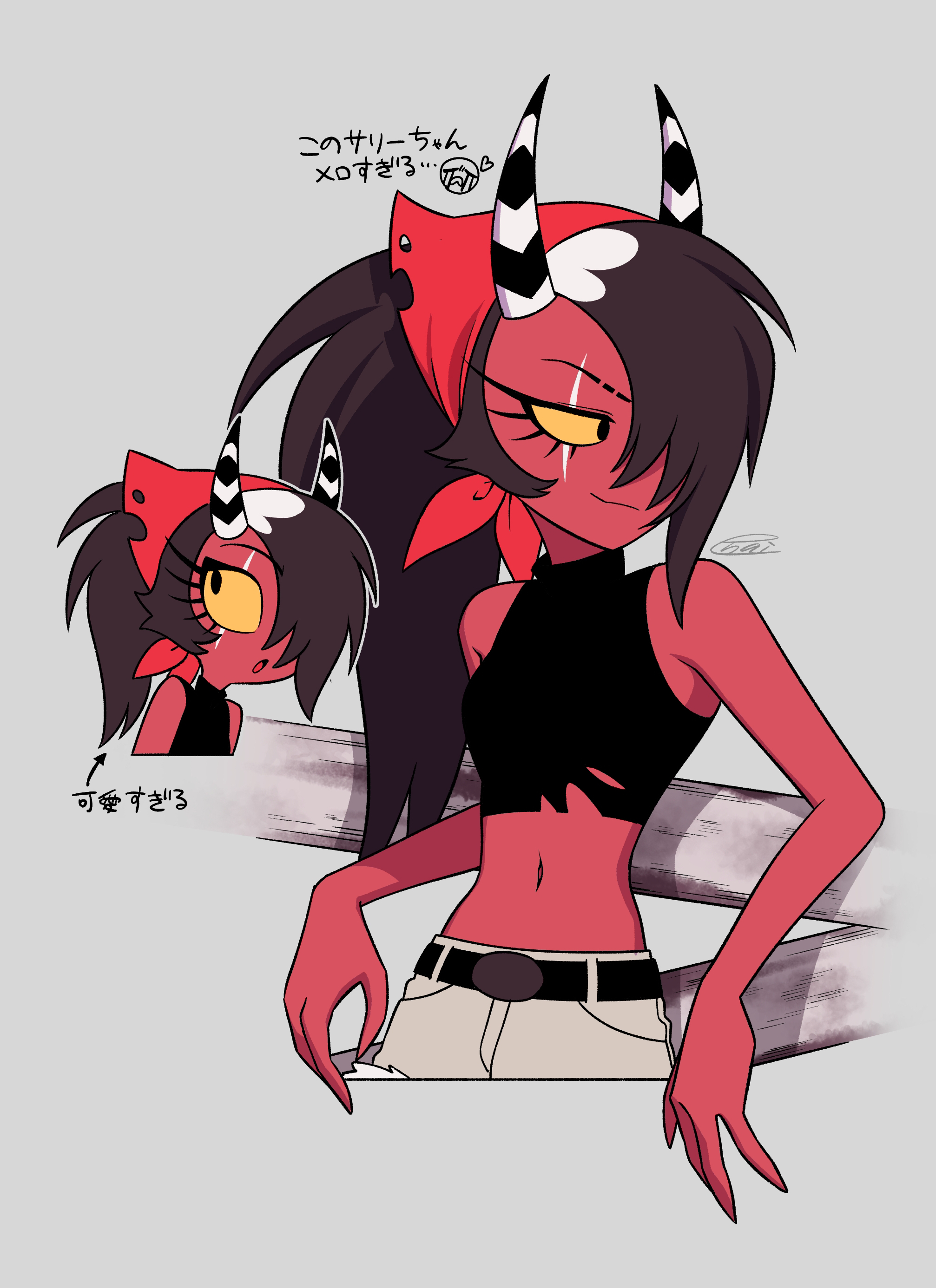 menma (enaic31), sallie may (helluva boss), hellaverse, helluva boss, absurdres, commentary request, highres, translation request, 1girl, :3, :o, against fence, arrow (symbol), bare arms, bare shoulders, belt, black belt, black eyes, black hair, black horns, black shirt, breasts, chibi, chibi inset, closed mouth, colored sclera, colored skin, crop top, cropped legs, cropped shirt, demon girl, demon horns, denim, denim shorts, elbow rest, fence, fewer digits, grey background, hair over one eye, headscarf, heart, high ponytail, horns, long hair, looking at viewer, looking to the side, lower eyelashes only, midriff, multicolored hair, multicolored horns, navel, one eye covered, open mouth, ponytail, red headscarf, red skin, roots (hair), scar, scar across eye, scar on face, scene reference, shirt, shorts, sideways glance, signature, simple background, skinny, sleeveless, sleeveless shirt, sleeveless turtleneck, small breasts, solo, standing, striped horns, tongue, torn clothes, torn shirt, turtleneck, turtleneck shirt, two-tone hair, two-tone horns, white hair, white horns, white shorts, wooden fence, yellow sclera