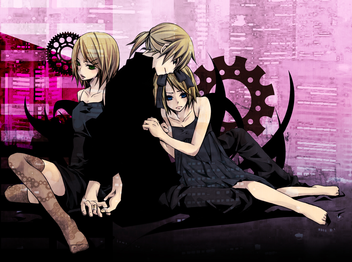 ichizu, kagamine len, kagamine rin, acute (vocaloid), vocaloid, 1boy, 1girl, barefoot, black dress, blonde hair, blue eyes, brother and sister, dress, dual persona, green eyes, hair ribbon, ribbon, short hair, siblings, thighhighs, twins