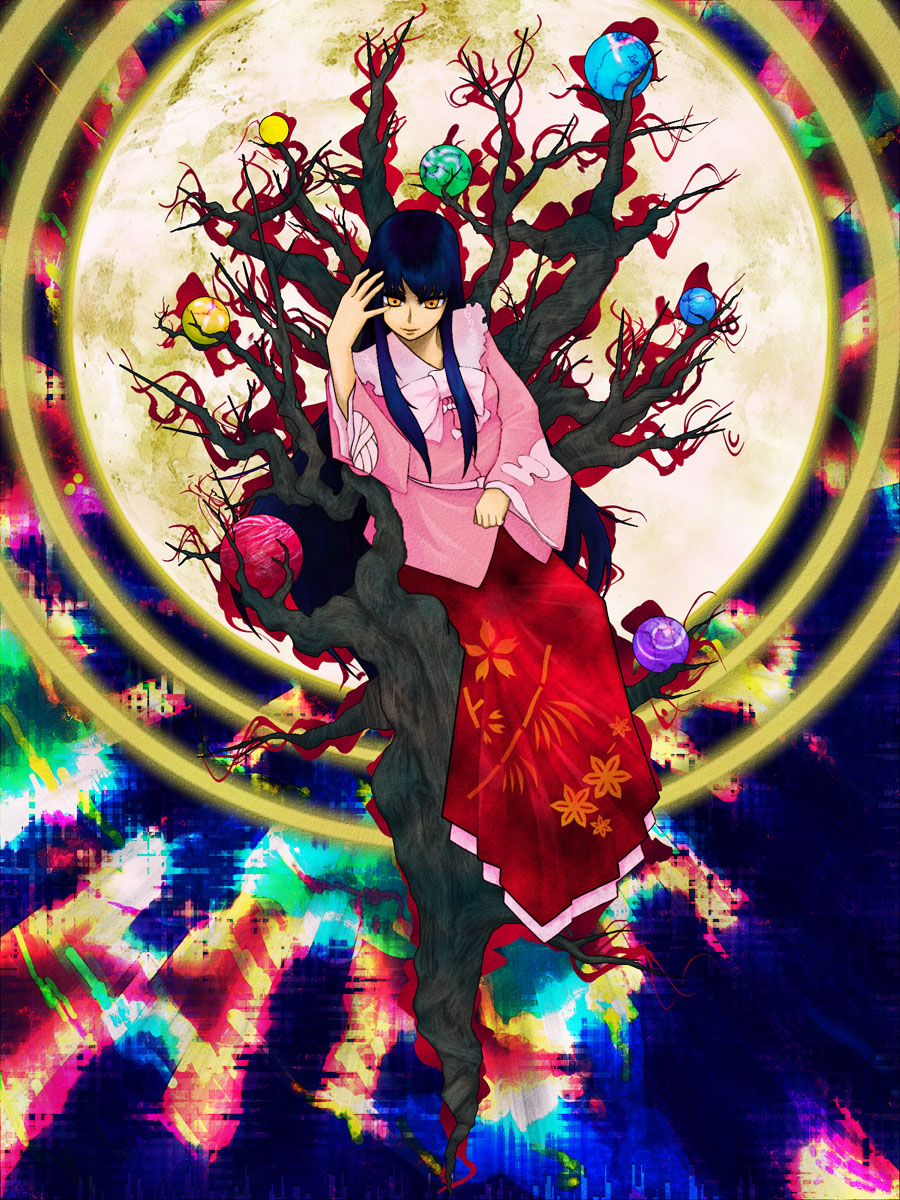 carnage (artist), shitsuchou, houraisan kaguya, touhou, highres, 1girl, black hair, female focus, long hair, sitting, solo, yellow eyes