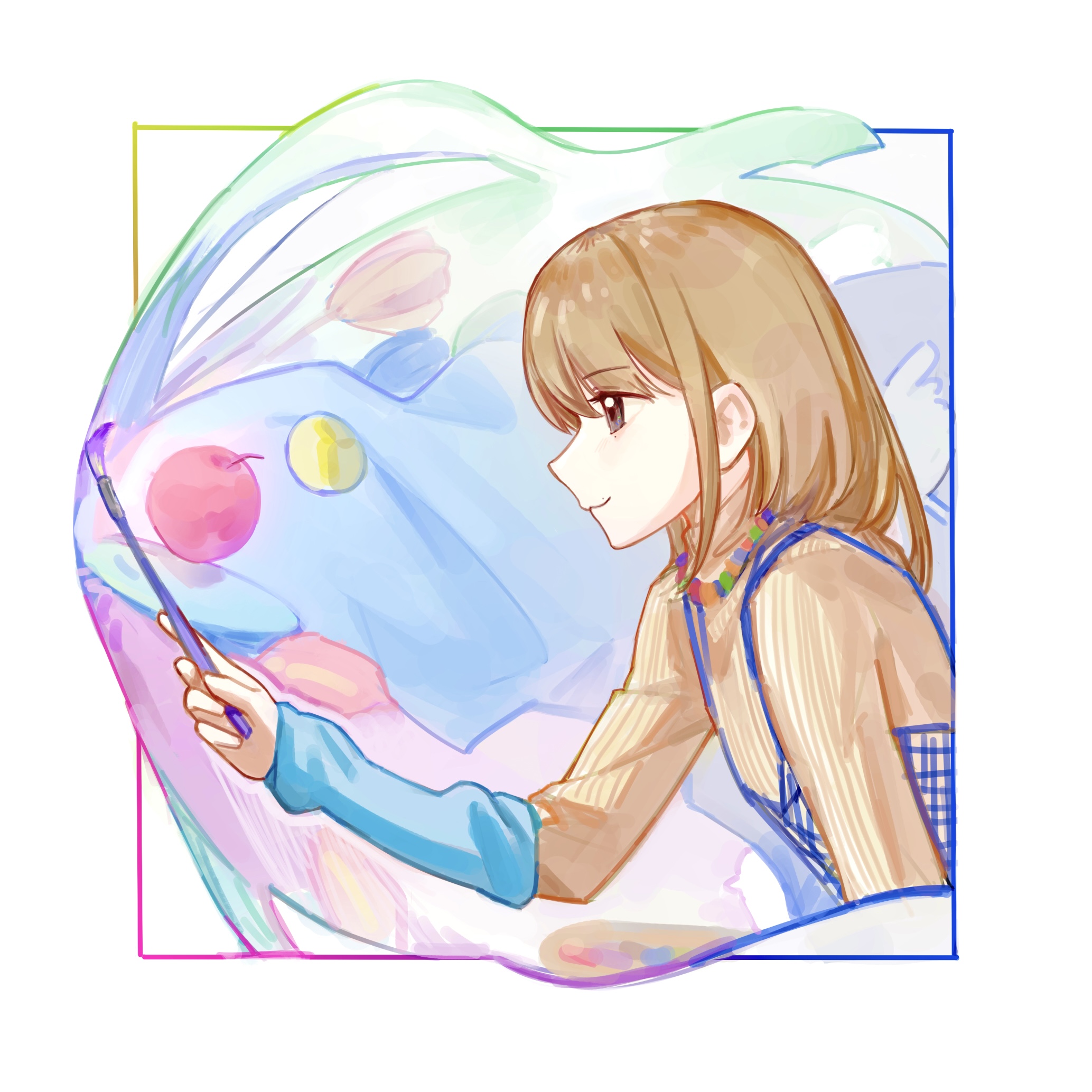 real life, commentary, english commentary, highres, 1girl, :3, blonde hair, blue arm warmers, brown eyes, brown sweater, holding, holding paintbrush, long sleeves, medium hair, mole, mole above mouth, paintbrush, sasaki rico (voice actor), solo, sweater, voice actor, xinyi6239222644