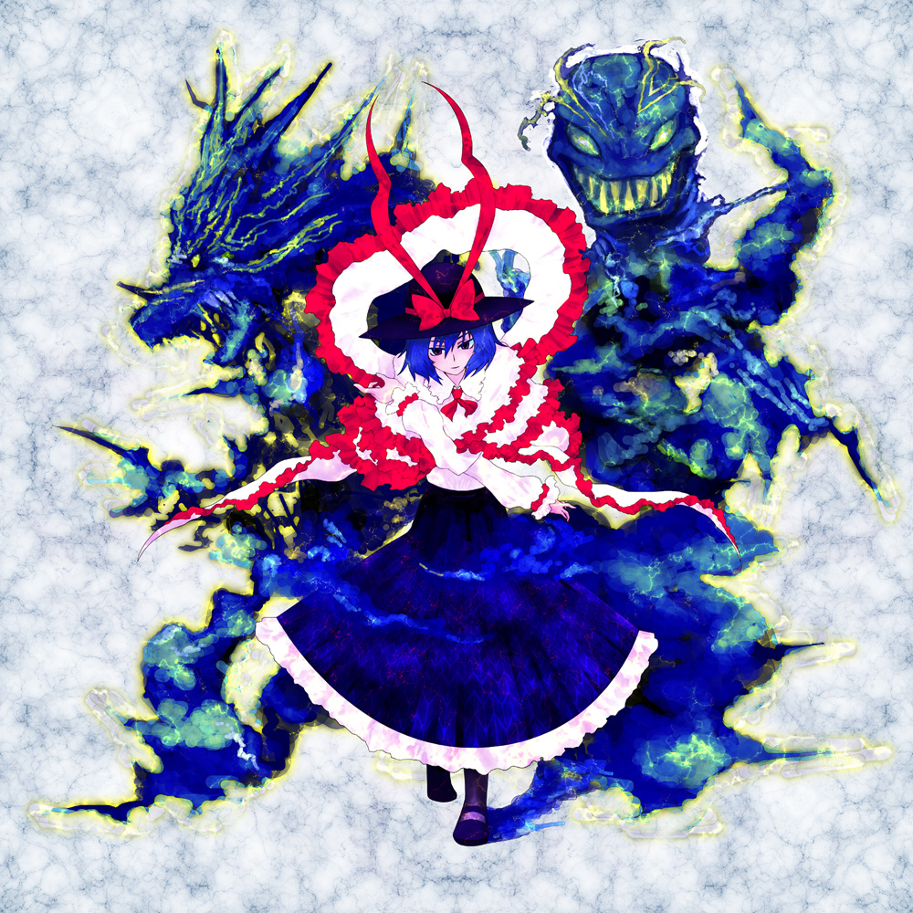carnage (artist), shitsuchou, nagae iku, touhou, 1girl, blue hair, female focus, full body, hat, red eyes, shawl, short hair, solo, standing