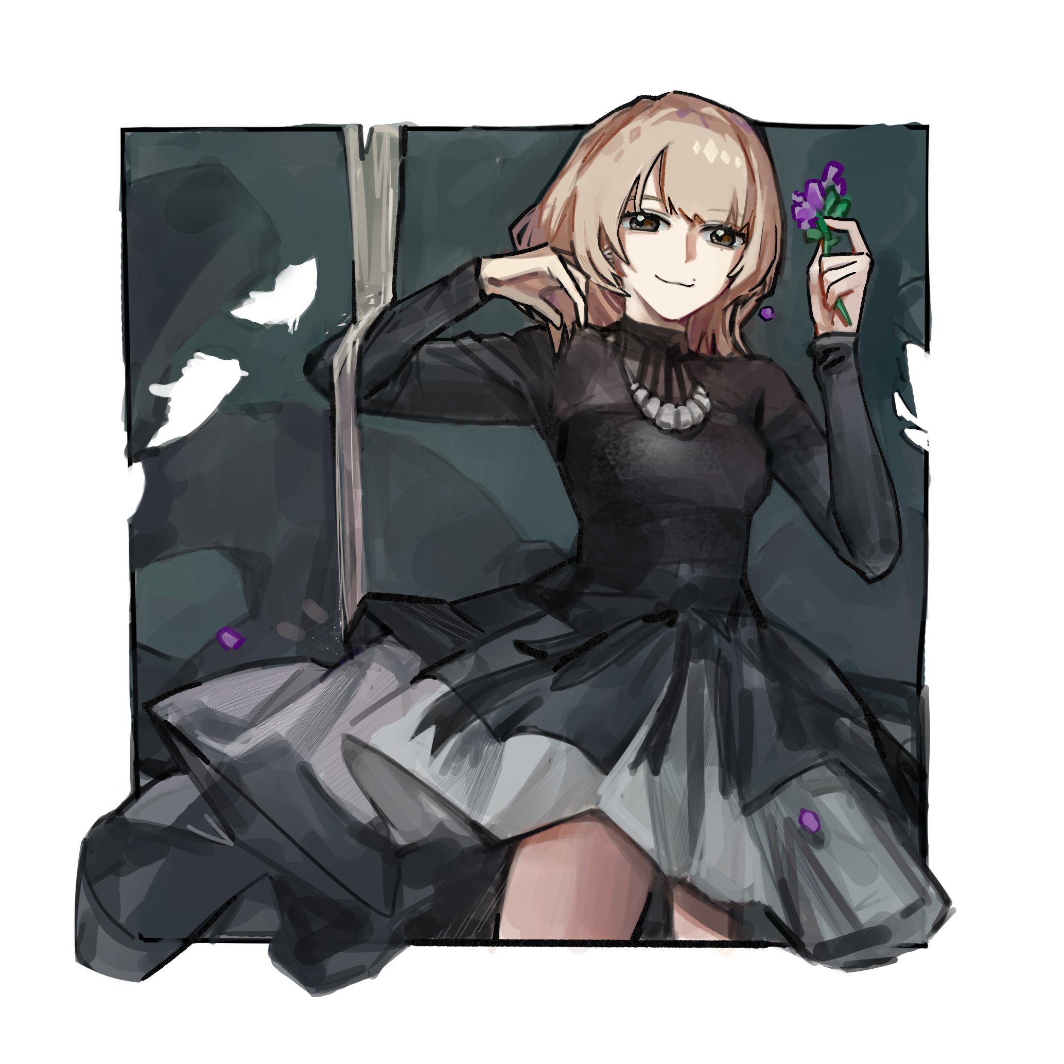 real life, commentary, english commentary, highres, 1girl, :3, black dress, blonde hair, breasts, brown eyes, closed mouth, dress, flower, hands up, holding, holding flower, long sleeves, looking at viewer, medium breasts, medium hair, mole, mole above mouth, sasaki rico (voice actor), solo, voice actor, xinyi6239222644