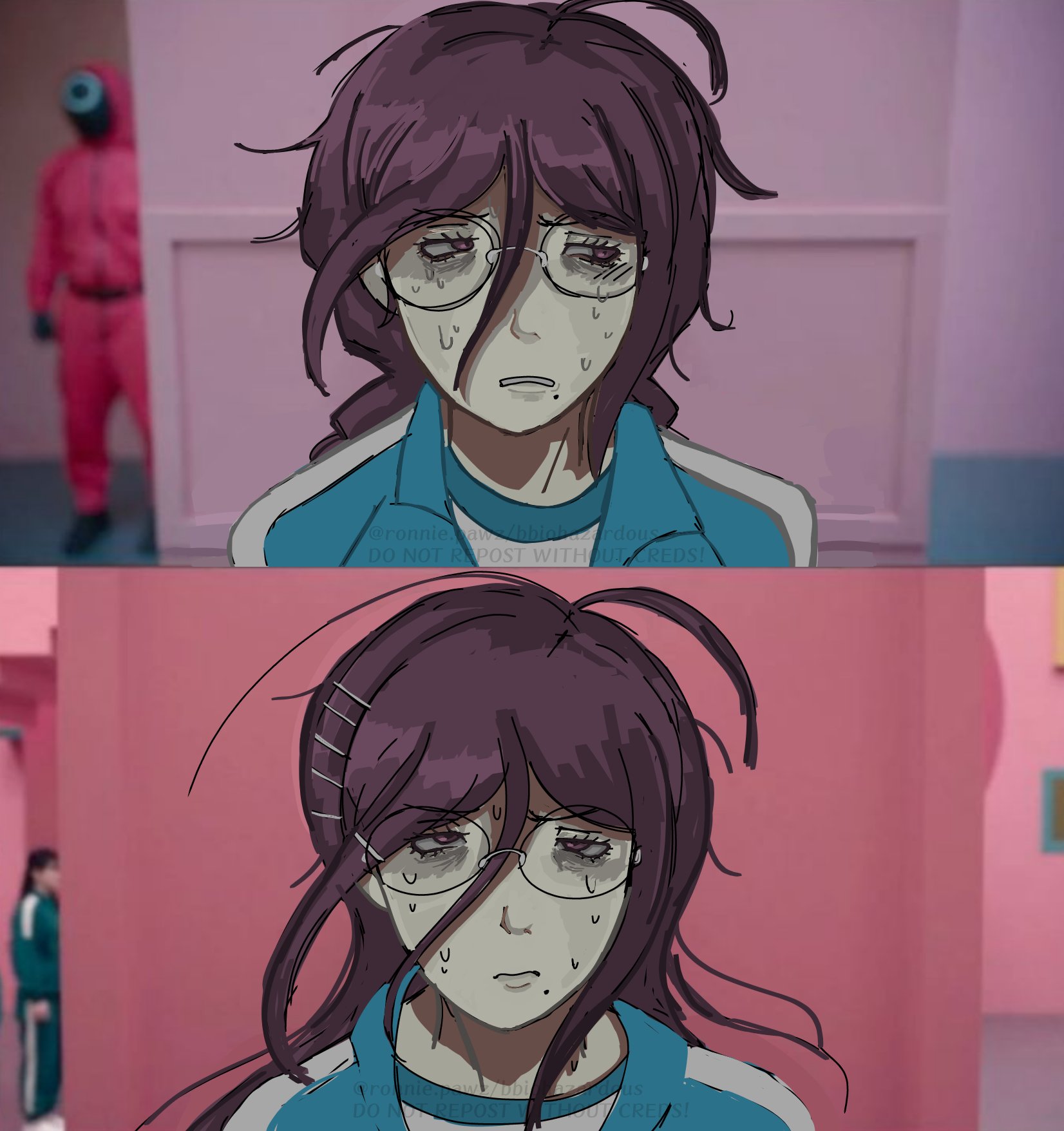 fukawa toko, danganronpa: trigger happy havoc, danganronpa (series), danganronpa another episode: ultra despair girls, squid game, highres, protected link, 1girl, antenna hair, bags under eyes, closed mouth, eyelashes, hair between eyes, meme, messy hair, mole, mole under mouth, purple eyes, purple hair, sideways glance, solo focus, sweat, tampiccochan, watermark, year 1 & year 2 (squid game) (meme)