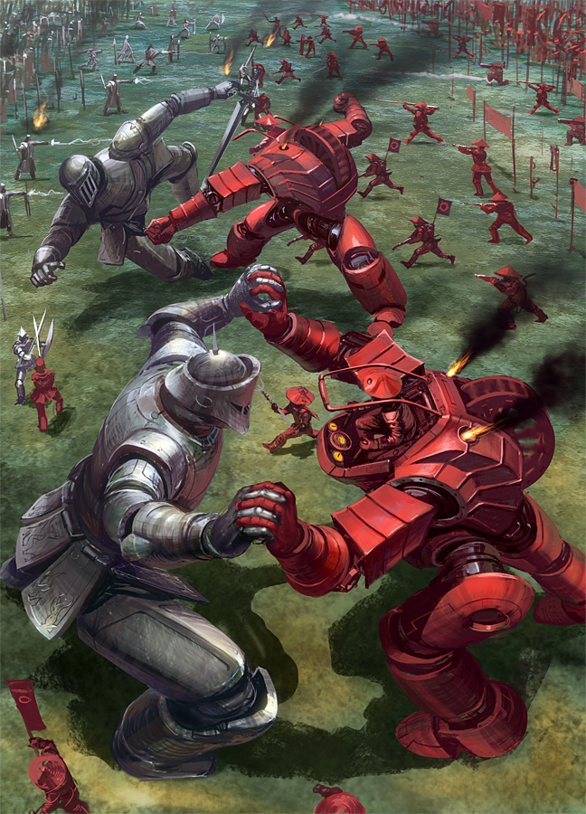 noba, nagashima (pixiv fantasia), pixiv fantasia, pixiv fantasia 3, akatsuhara empire, armor, army, banner, battle, fighting, fire, flag, giant, gigandal federation, gun, knight, lightning, mecha, punching, red theme, robot, smoke, soldier, steampunk, sword, war, weapon, wheel