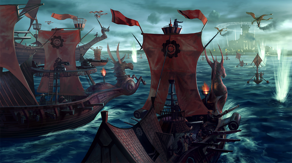 noba, pixiv fantasia, pixiv fantasia 3, 6+boys, aerial battle, aircraft, airship, akatsuhara empire, army, battle, battleship, boat, cannon, castle, dragon, fantasy, flag, flying, gun, magic circle, male focus, military, military vehicle, multiple boys, naval battle, ocean, on boat, scenery, ship, sky, vehicle focus, war, warship, water, watercraft, weapon