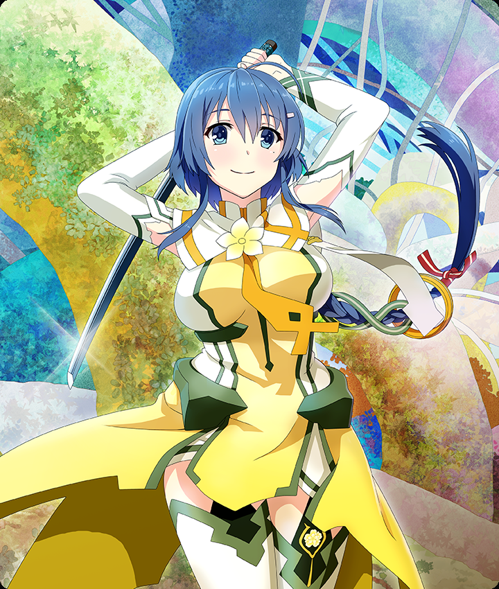 yuusha, inubouzaki fuu, setouchi chie, toji no miko, toji no miko: kizamishi issen no tomoshibi, yuuki yuuna wa yuusha de aru, yuusha de aru, game cg, official art, third-party source, 1girl, arms up, blue eyes, blue hair, breasts, closed mouth, cosplay, dot nose, dress, elbow gloves, flower, glint, gloves, hair ornament, hair ribbon, hairclip, holding, holding sword, holding weapon, inubouzaki fuu (cosplay), katana, large breasts, long hair, looking at viewer, low-tied long hair, low ponytail, mole, mole under eye, ponytail, red ribbon, ribbon, sidelocks, smile, solo, striped ribbon, sword, thighhighs, very long hair, weapon, white flower, white gloves, white thighhighs, yellow dress