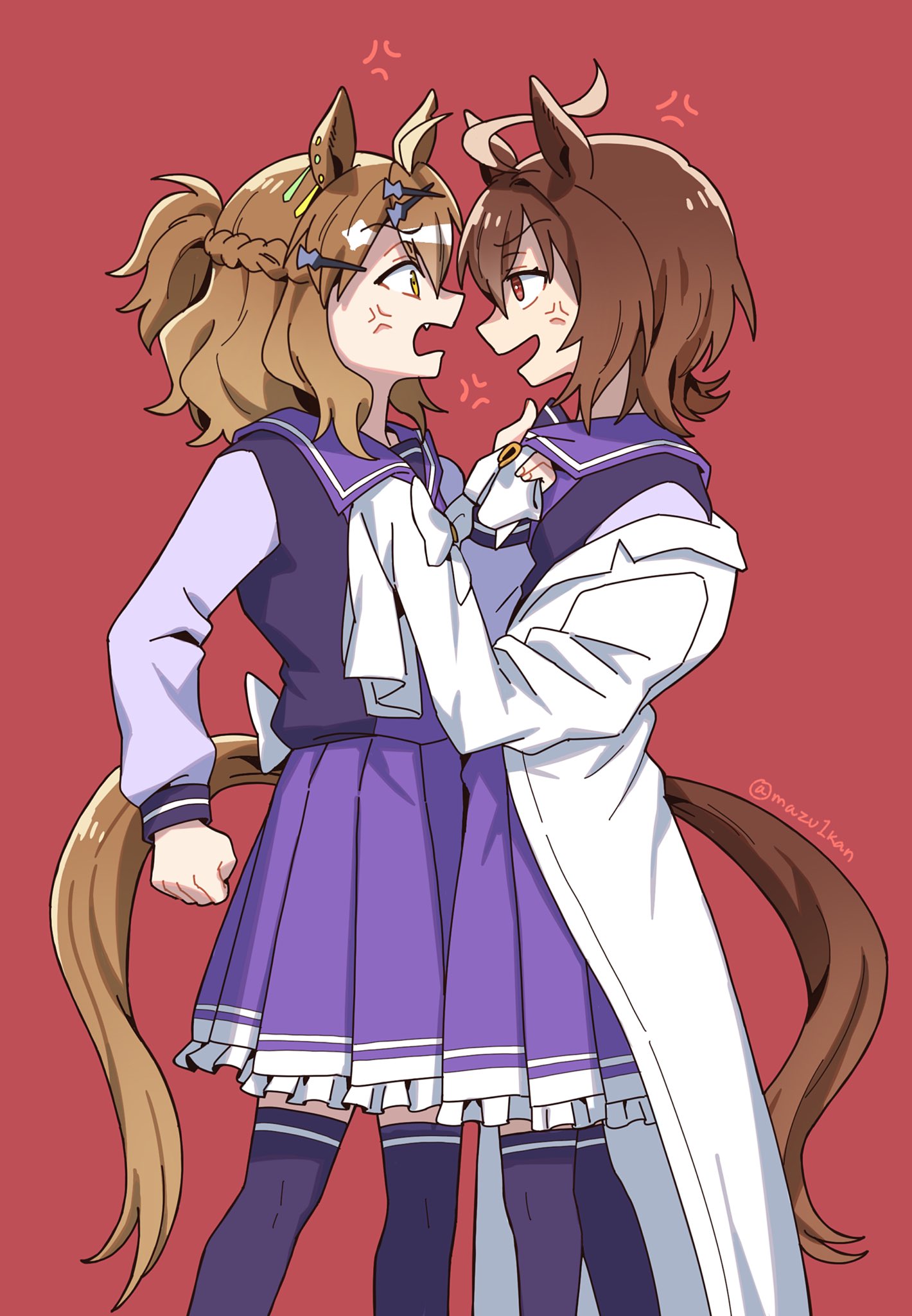 mazu1kan, agnes tachyon (umamusume), jungle pocket (umamusume), umamusume, commentary request, highres, korean commentary, 2girls, ahoge, anger vein, angry, animal ears, bow, bowtie, braid, brown hair, clenched hand, clothes grab, collar grab, cowboy shot, ear ornament, face-to-face, fang, frilled skirt, frills, hair ornament, hairclip, half up half down braid, horse ears, horse girl, horse tail, huge ahoge, lab coat, long sleeves, medium hair, multiple girls, neckwear grab, open mouth, pleated skirt, purple sailor collar, purple shirt, purple skirt, purple thighhighs, red background, red eyes, sailor collar, sailor shirt, shirt, skirt, tail, thighhighs, twitter username, two side up, white bow, white bowtie, winter uniform, yellow eyes