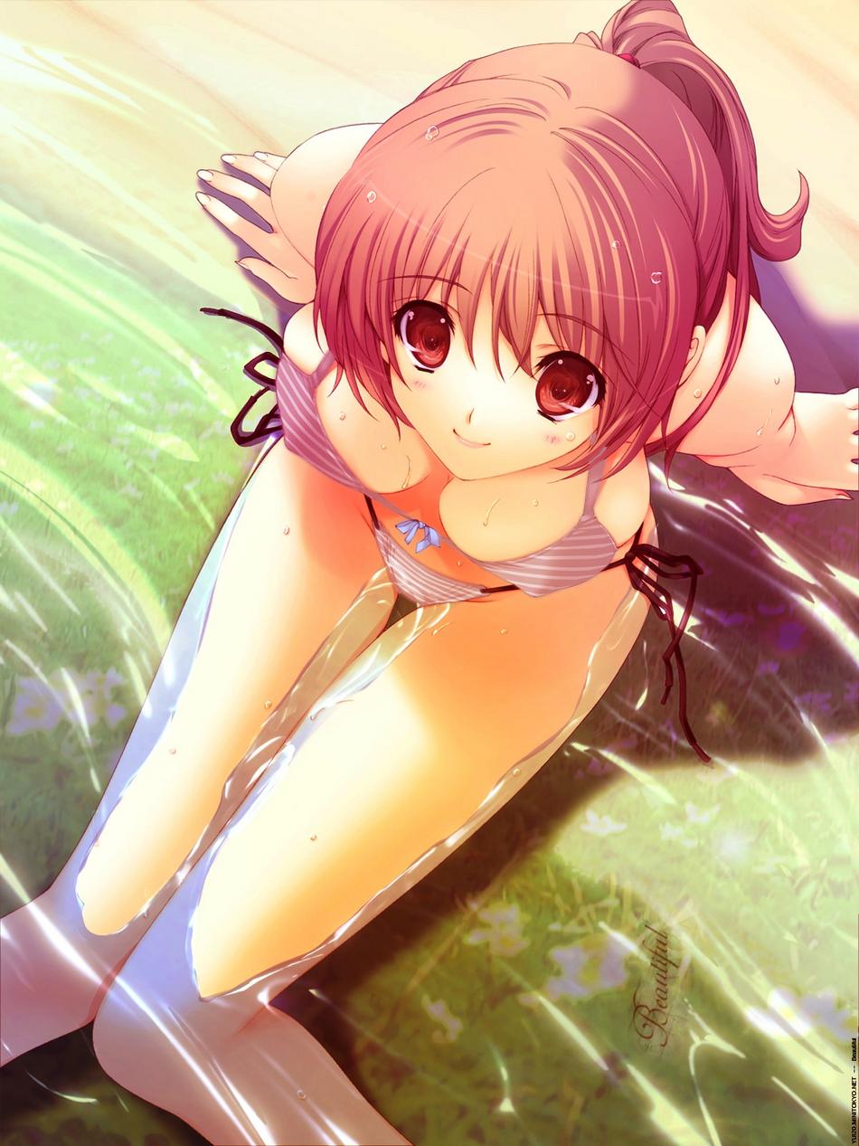 highres, bikini, blush, breasts, cleavage, lying, smile, swimsuit