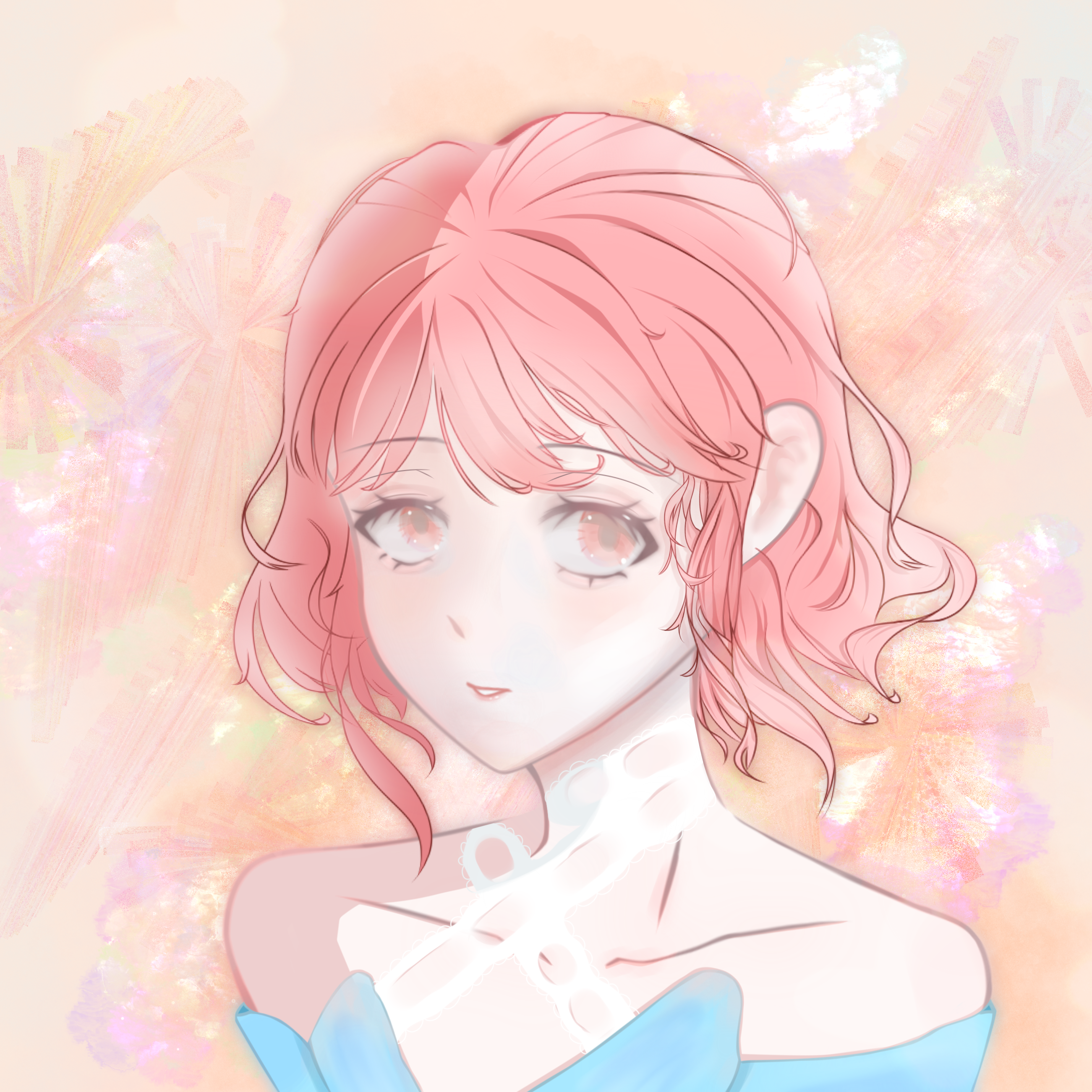 nikki (nikki), infinity nikki, nikki (series), absurdres, chinese commentary, commentary request, highres, 1girl, bare shoulders, blue shirt, collarbone, criss-cross halter, eyelashes, floral background, halterneck, happy, light blush, light smile, looking at viewer, off-shoulder shirt, off shoulder, orange background, parted lips, pink eyes, pink hair, shirt, short hair, solo, upper body, wavy hair, yanjiujun