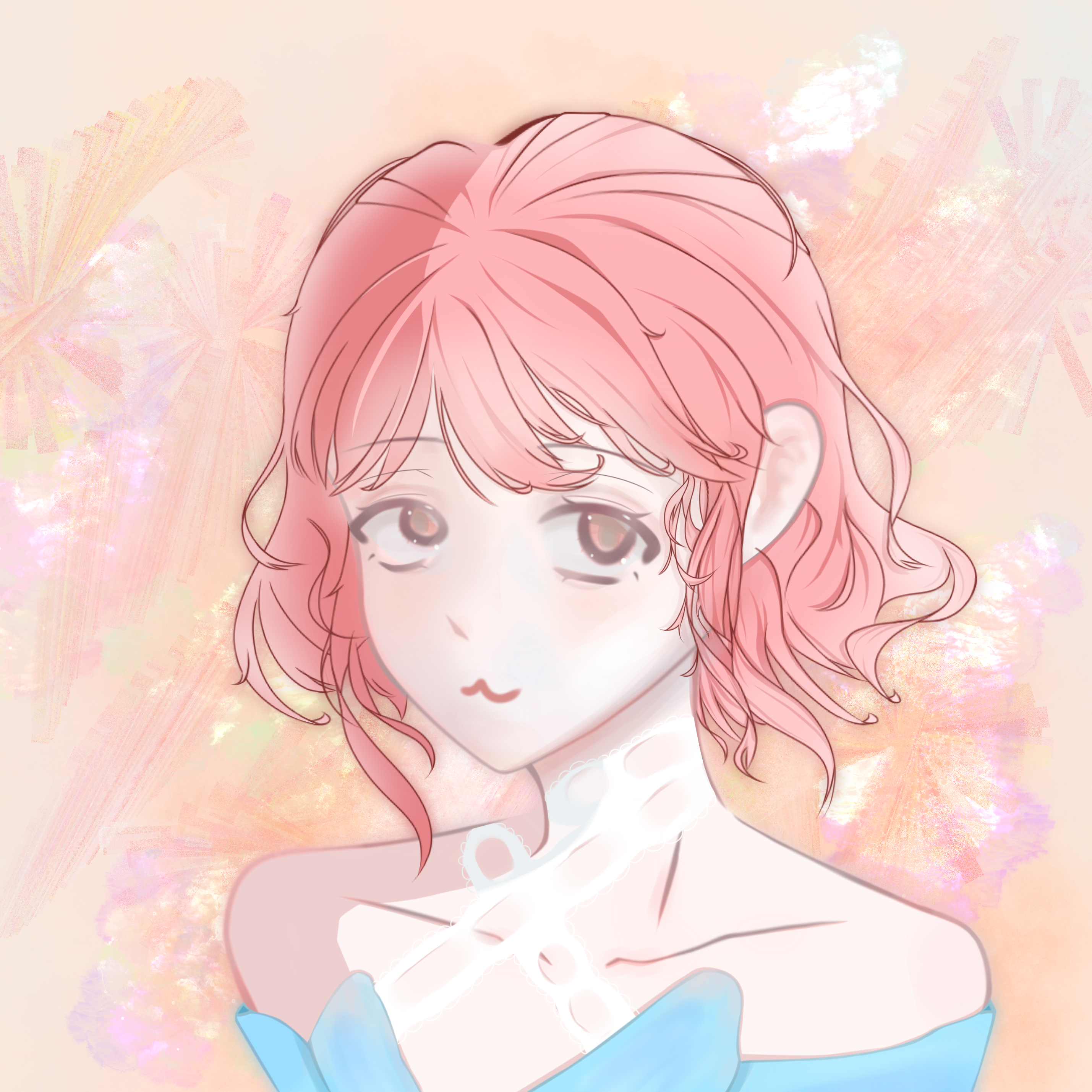 nikki (nikki), infinity nikki, nikki (series), absurdres, chinese commentary, commentary request, highres, 1girl, :3, bare shoulders, blue shirt, brown eyes, closed mouth, collarbone, criss-cross halter, eyelashes, floral background, halterneck, happy, light blush, looking at viewer, off-shoulder shirt, off shoulder, orange background, pink hair, shirt, short hair, smile, solo, upper body, wavy hair, yanjiujun