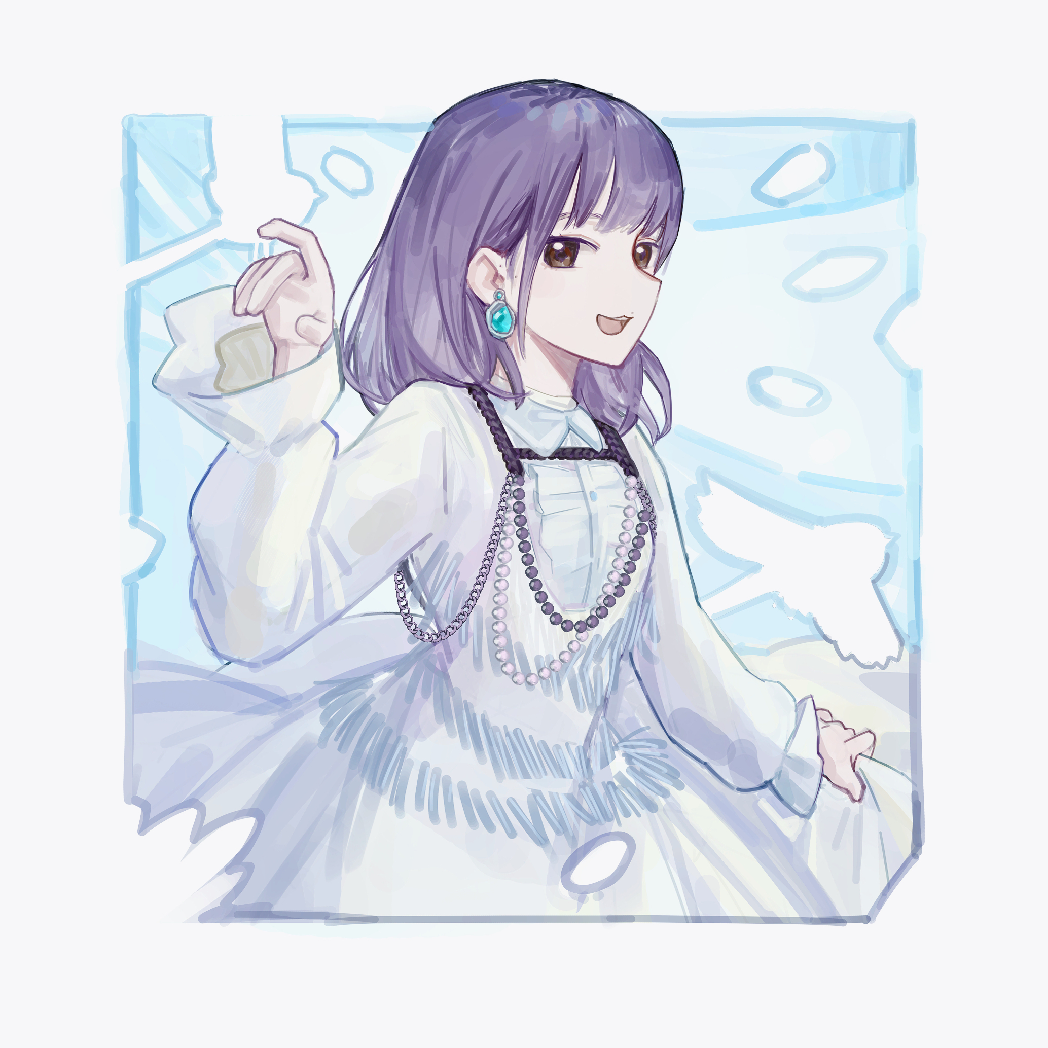 real life, commentary, english commentary, highres, 1girl, :3, brown eyes, dress, earrings, jewelry, long sleeves, looking at viewer, medium hair, mole, mole above mouth, open mouth, purple hair, sasaki rico (voice actor), solo, teeth, upper teeth only, voice actor, white dress, xinyi6239222644