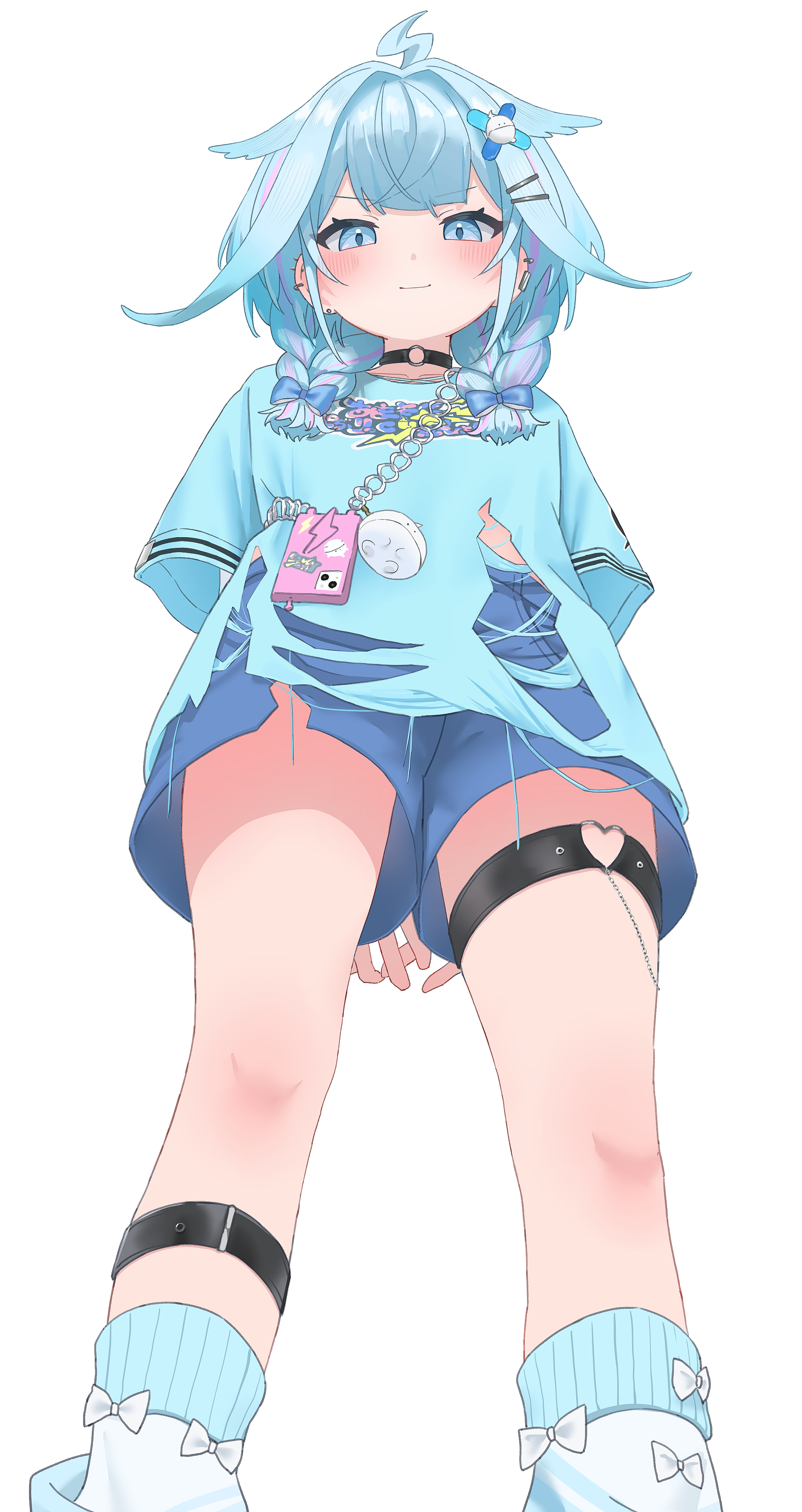 mizumiya su, mizumiya su (1st costume), hololive, hololive dev is, absurdres, check commentary, commentary request, highres, 1girl, 1nose yuuka, ahoge, ankle belt, black choker, blue eyes, blue hair, blue shirt, braid, choker, feet out of frame, from below, hair flaps, hair ornament, heart, heart o-ring, lightning ahoge, looking at viewer, looking down, low twin braids, multicolored hair, no jacket, o-ring, o-ring choker, pink hair, print shirt, shirt, shorts, simple background, smug, socks, solo, streaked hair, thigh strap, torn clothes, torn shirt, twin braids, virtual youtuber, white background, white socks