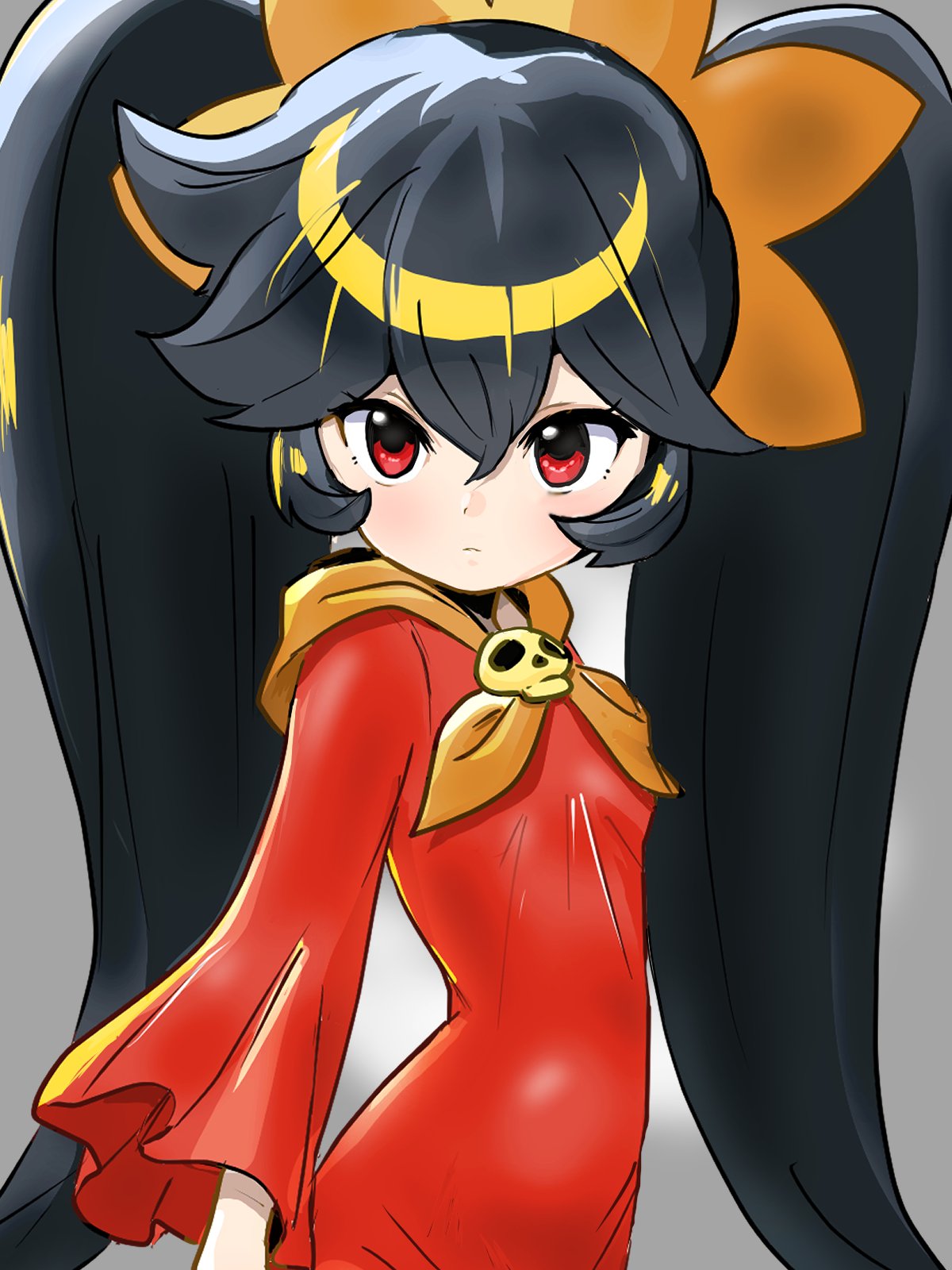 detesu, ashley (warioware), nintendo, warioware, highres, 1girl, big hair, black hair, breasts, closed mouth, dress, grey background, hair between eyes, hairband, light blush, long hair, long sleeves, looking at viewer, neckerchief, orange hairband, orange neckerchief, red dress, red eyes, skull brooch, small breasts, solo, twintails, upper body, very long hair