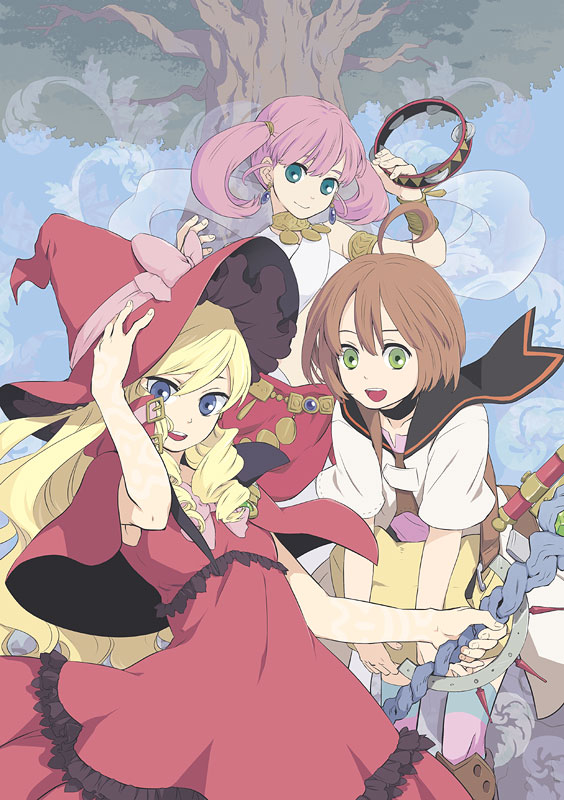 kinuko, kinuko (artist), tomobe kinuko, bard (sekaiju), bard 2 (sekaiju), doctor magus, doctor magus 4, medic (sekaiju), medic 2 (sekaiju), atlus, etrian odyssey, 3girls, armlet, blonde hair, blue eyes, bow, brown hair, drill hair, earrings, green eyes, hat, hat ribbon, holding, instrument, jewelry, long hair, multiple girls, open mouth, pink bow, pink hair, ribbon, shawl, short hair, short twintails, smile, staff, tambourine, twintails, witch hat