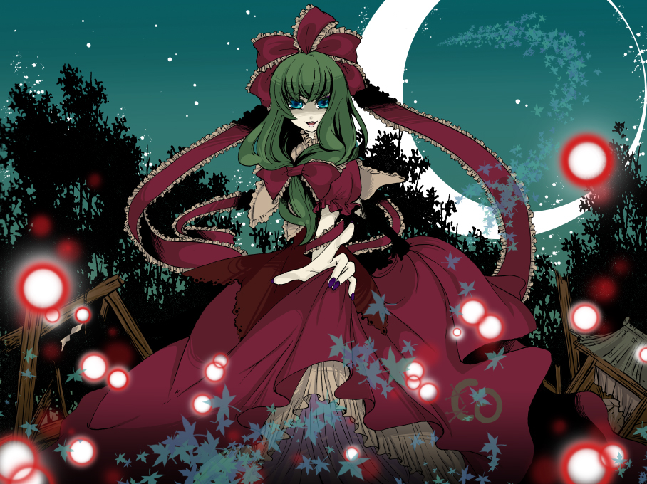 kaibun, kaibun dou, kagiyama hina, touhou, 1girl, blue eyes, crescent moon, female focus, front ponytail, green hair, hair ribbon, moon, nail polish, purple nails, ribbon, short hair, solo