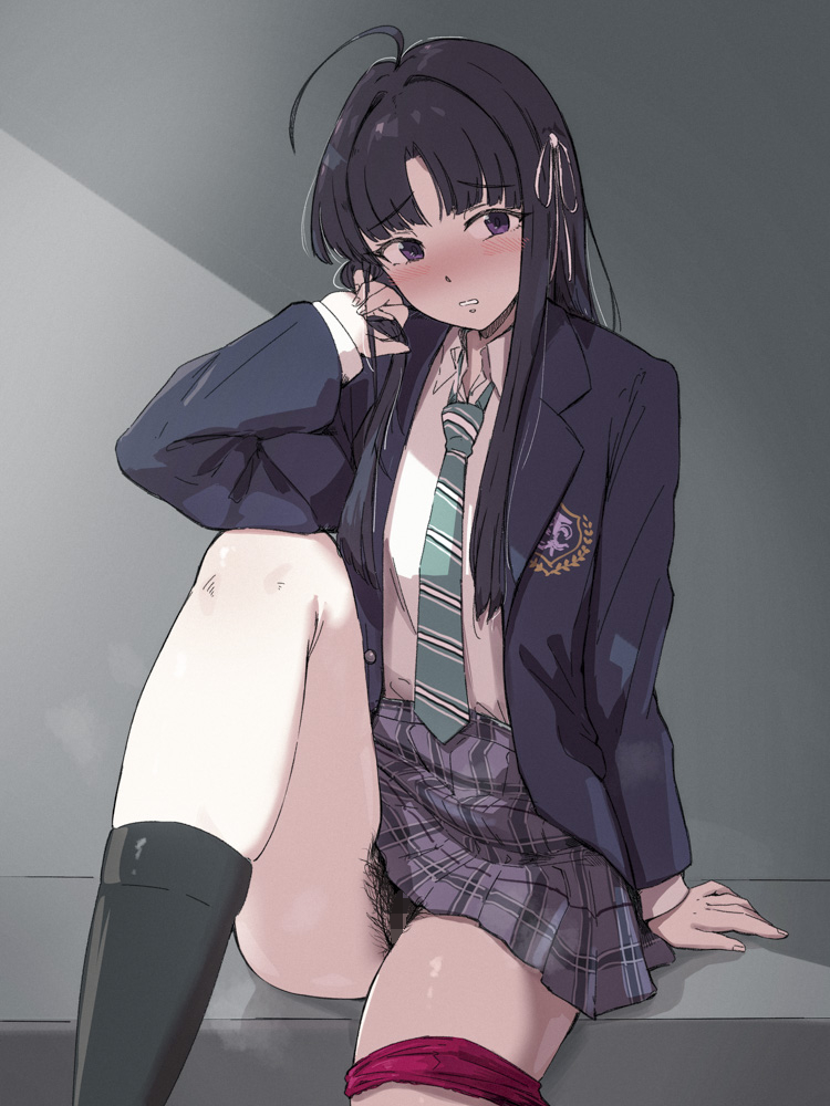 x4824, awa subaru, girls band cry, commentary request, revision, 1girl, ahoge, black hair, black socks, blush, censored, clenched teeth, female pubic hair, long hair, looking to the side, miniskirt, mosaic censoring, necktie, panties, panties around leg, plaid clothes, plaid skirt, pubic hair, purple eyes, red panties, school uniform, shy, sitting, skirt, socks, solo, striped necktie, teeth, underwear