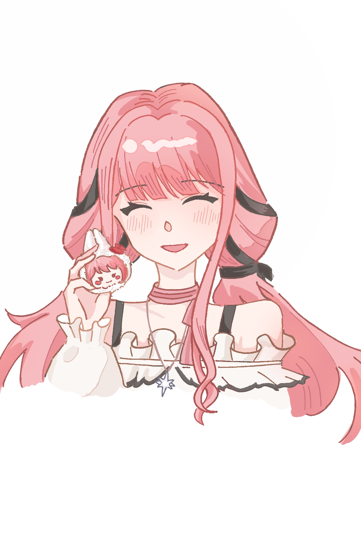 nikki (nikki), perfect start (infinity nikki), infinity nikki, nikki (series), chinese commentary, commentary request, highres, 1girl, ^ ^, black bow, black ribbon, blunt bangs, bow, bow choker, bowtie, bra strap, character-themed food, choker, closed eyes, collarbone, cropped torso, eyelashes, fanluoxingchen63912, food, frilled shirt, frilled sleeves, frills, hair bow, hair ribbon, hexagram, holding, holding food, jewelry, light blush, long hair, long sidelocks, long sleeves, low twintails, necklace, off-shoulder shirt, off shoulder, open mouth, pink bow, pink bowtie, pink choker, pink hair, puffy long sleeves, puffy sleeves, ribbon, shirt, sidelocks, simple background, single stripe, sleeves past wrists, smile, star (symbol), star necklace, striped bow, striped bowtie, striped choker, striped clothes, tress ribbon, twintails, very long hair, white background, white shirt