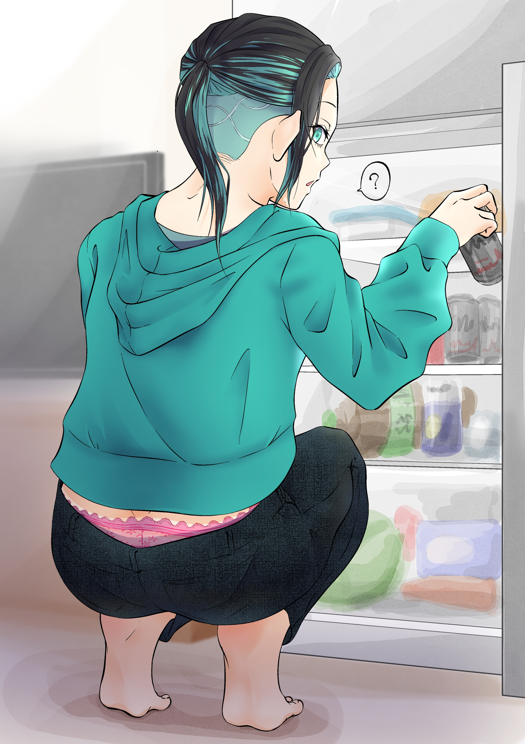 original, absurdres, commentary request, highres, variant set, 1girl, ?, aqua eyes, aqua hair, aqua hoodie, barefoot, black hair, black pants, can, drink can, full body, holding, holding can, hood, hood down, hoodie, long sleeves, looking back, multicolored hair, open mouth, panties, pants, pink panties, ponytail, refrigerator, short hair, solo, spoken question mark, squatting, two-tone hair, undercut, underwear, yu fukumoto