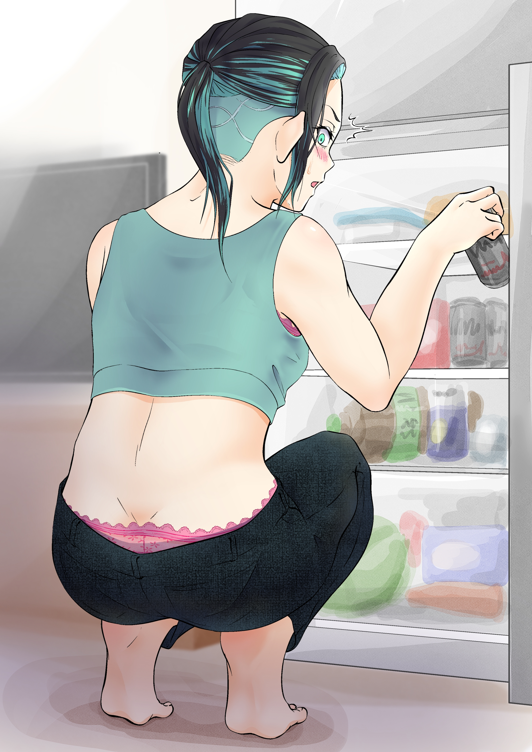 original, absurdres, commentary request, highres, variant set, 1girl, ?, aqua eyes, aqua hair, aqua sports bra, barefoot, black hair, black pants, can, drink can, full body, holding, holding can, looking back, multicolored hair, open mouth, panties, pants, pink panties, ponytail, refrigerator, short hair, solo, spoken question mark, sports bra, squatting, two-tone hair, undercut, underwear, yu fukumoto