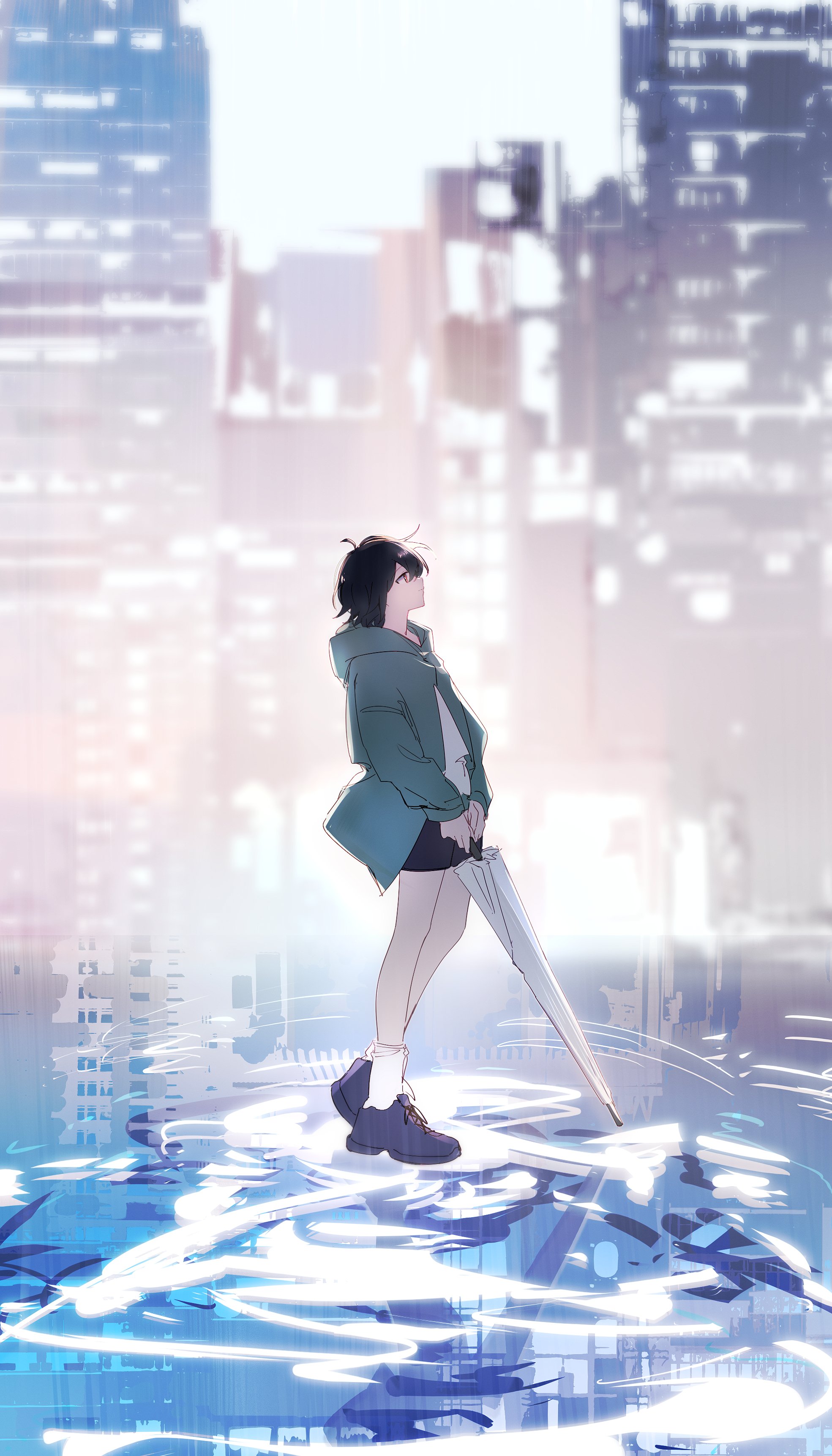 hibioes, takamatsu tomori, bang dream!, bang dream! it's mygo!!!!!, absurdres, highres, 1girl, black shoes, blue jacket, brown eyes, grey hair, holding, holding weapon, hood, hood down, hooded jacket, jacket, long sleeves, shoes, short hair, socks, solo, standing, weapon, white socks