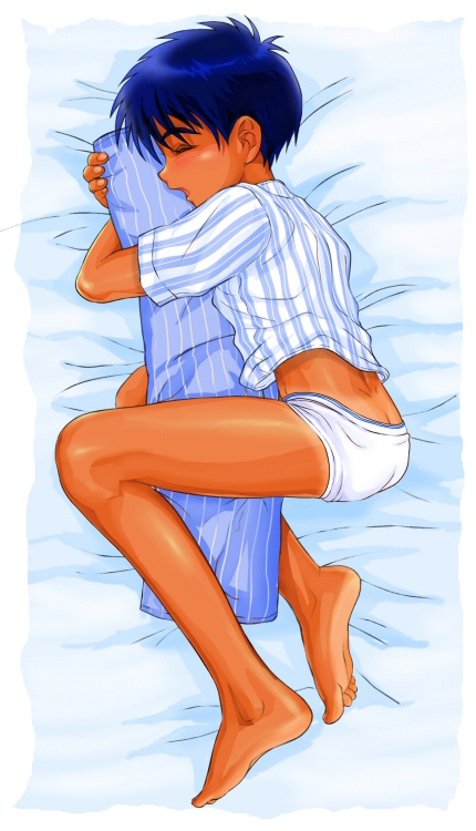 takenokoya, 1boy, bed, blush, body pillow, male focus, open mouth, pillow, short hair, shota, sleeping, solo, underwear