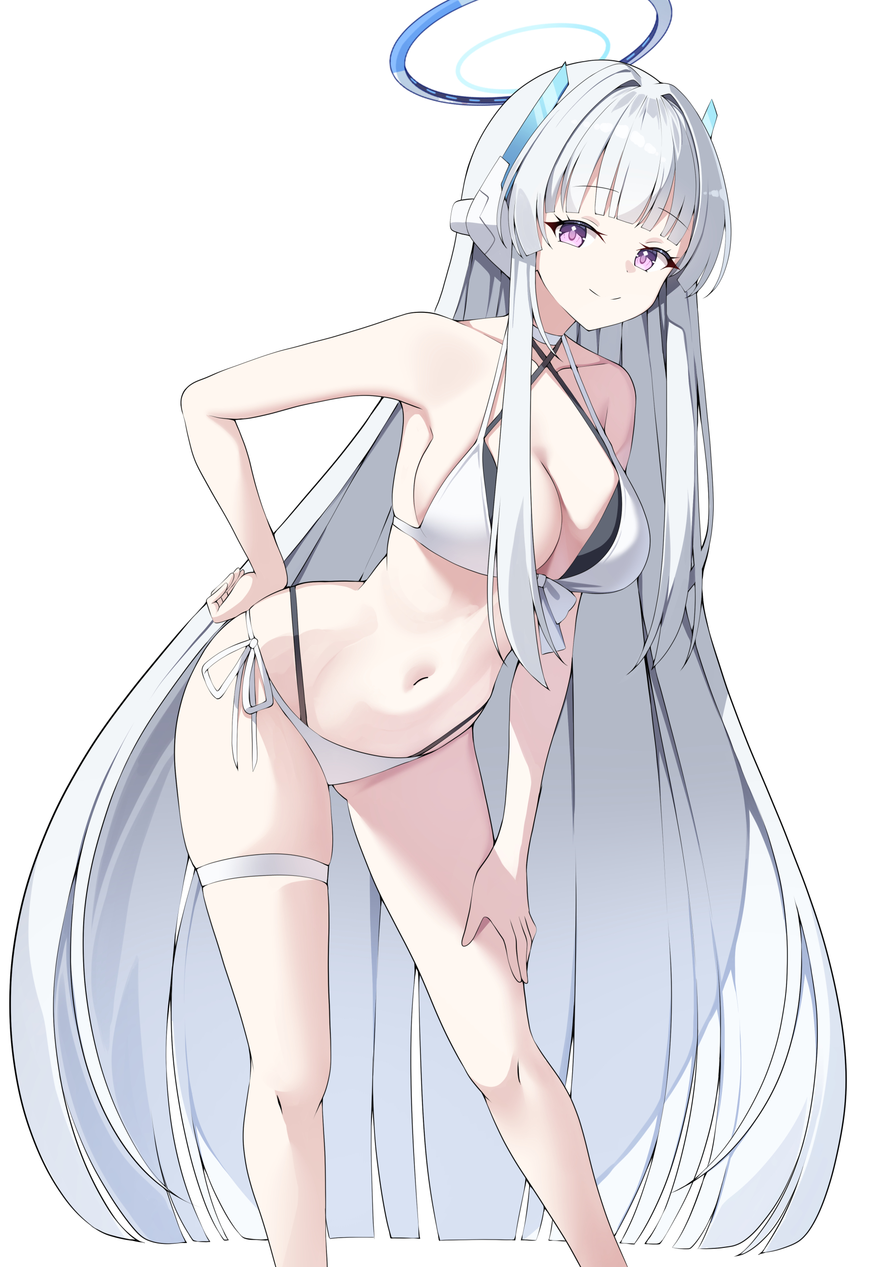 sob (submar1089), noa (blue archive), blue archive, absurdres, commentary, highres, 1girl, alternate costume, armpits, bikini, blunt bangs, blunt ends, breasts, collarbone, criss-cross halter, feet out of frame, grey hair, halo, halterneck, headgear, large breasts, long hair, looking at viewer, navel, purple eyes, side-tie bikini bottom, sideboob, simple background, skindentation, smile, solo, stomach, straight hair, string bikini, swimsuit, thigh strap, very long hair, white background, white bikini