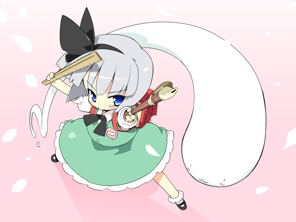 petenshi (dr. vermilion), konpaku youmu, konpaku youmu (ghost), touhou, 1girl, aged down, backpack, bag, blue eyes, blush, dual wielding, female focus, flute, grey hair, hairband, hitodama, holding, holding flute, holding instrument, instrument, petals, randoseru, recorder, ruler, solo, tanto