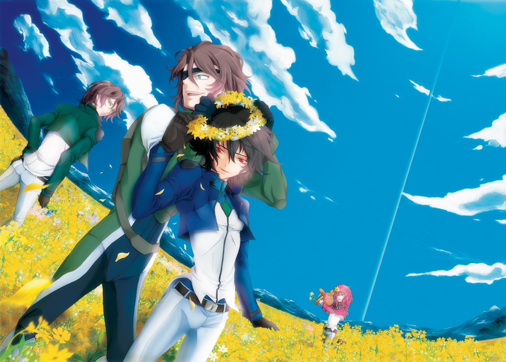 feldt grace, haro, lockon stratos, lyle dylandy, neil dylandy, setsuna f. seiei, gundam, gundam 00, uniform, bad id, bad pixiv id, 00s, 1girl, 3boys, belt, black hair, blue eyes, brown hair, cloud, crown, day, eyepatch, flower, gloves, happy, head wreath, jacket, multiple boys, outdoors, pink hair, red eyes, short hair, sky, smile, space elevator