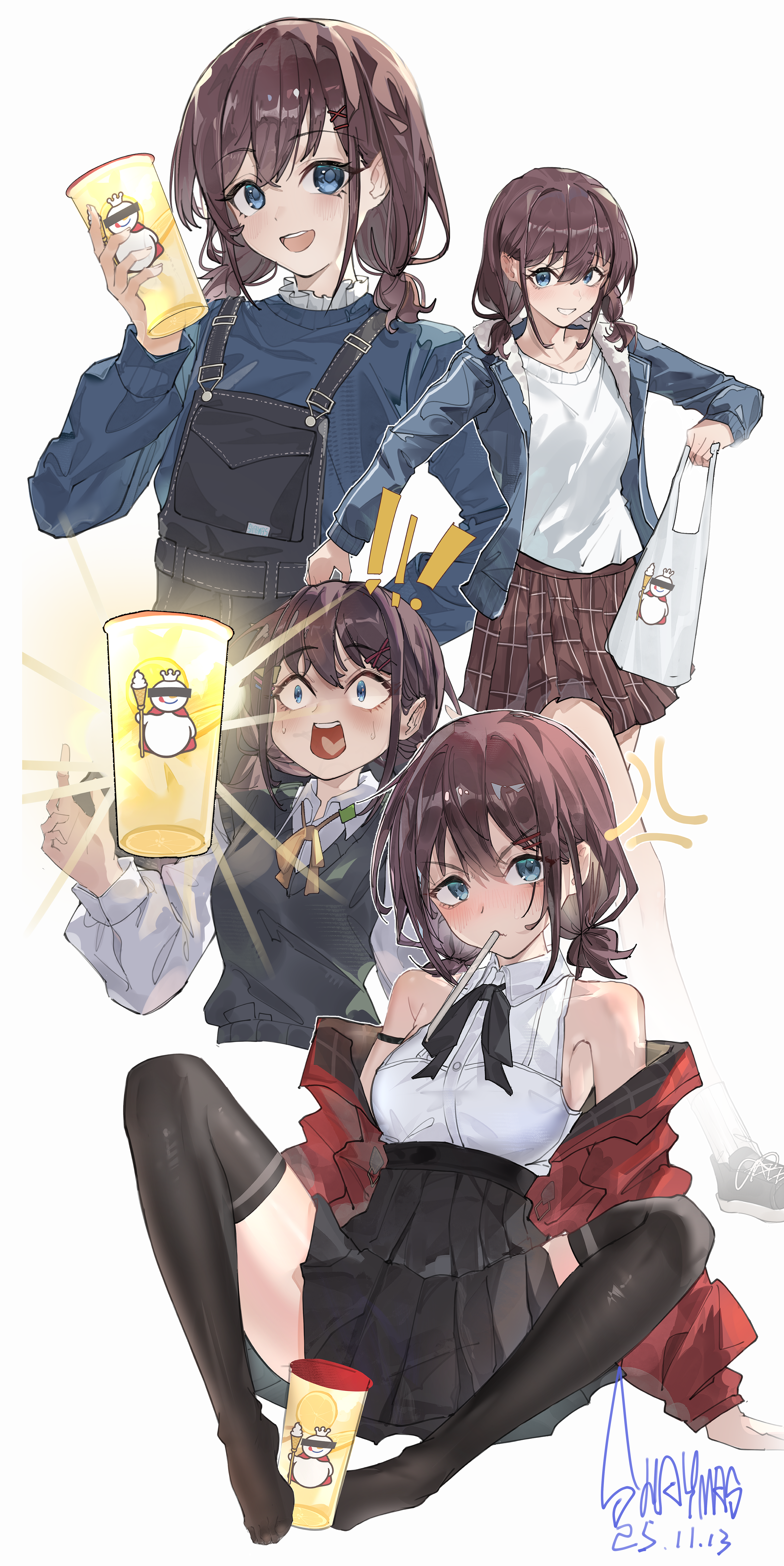 shaymas, iseri nina, girls band cry, mixue, absurdres, chinese commentary, commentary request, highres, 1girl, alternate breast size (larger), anger vein, black overalls, black skirt, black sweater vest, black thighhighs, blue eyes, blue jacket, blue sweater, breasts, brown hair, cup, dated, disposable cup, drinking straw, drinking straw in mouth, heart, heart in mouth, holding, holding cup, jacket, large breasts, long sleeves, low twintails, medium hair, no shoes, open clothes, open jacket, open mouth, overalls, plaid clothes, plaid skirt, pleated skirt, red jacket, red skirt, sexually suggestive, shirt, short twintails, skirt, sleeveless, sleeveless shirt, sweater, sweater vest, teeth, thighhighs, twintails, upper teeth only, white shirt