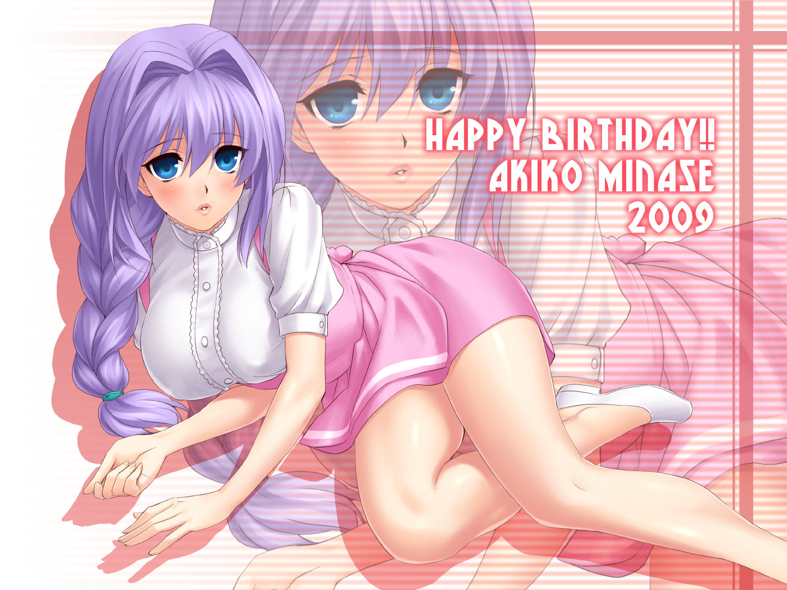 zen, minase akiko, anna miller, kanon, highres, 1girl, blue eyes, blush, braid, breasts, covered erect nipples, female focus, hair intakes, large breasts, long hair, lying, mature female, on side, parted lips, purple hair, shiny skin, shirt, solo, taut clothes, taut shirt, waitress, zoom layer