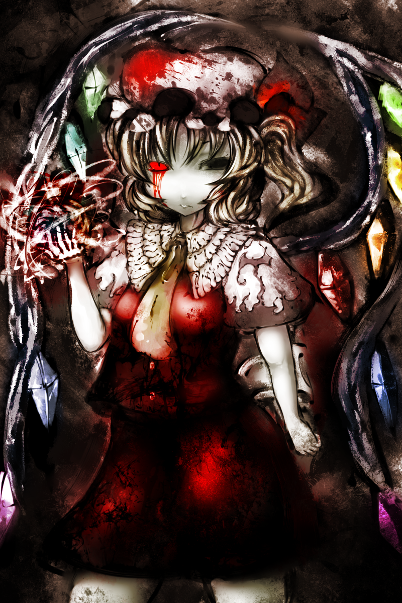 koohee, flandre scarlet, touhou, bad id, bad pixiv id, highres, 1girl, blonde hair, blood, blouse, empty eyes, female focus, hat, mob cap, one side up, shirt, side ponytail, solo, white shirt, wings